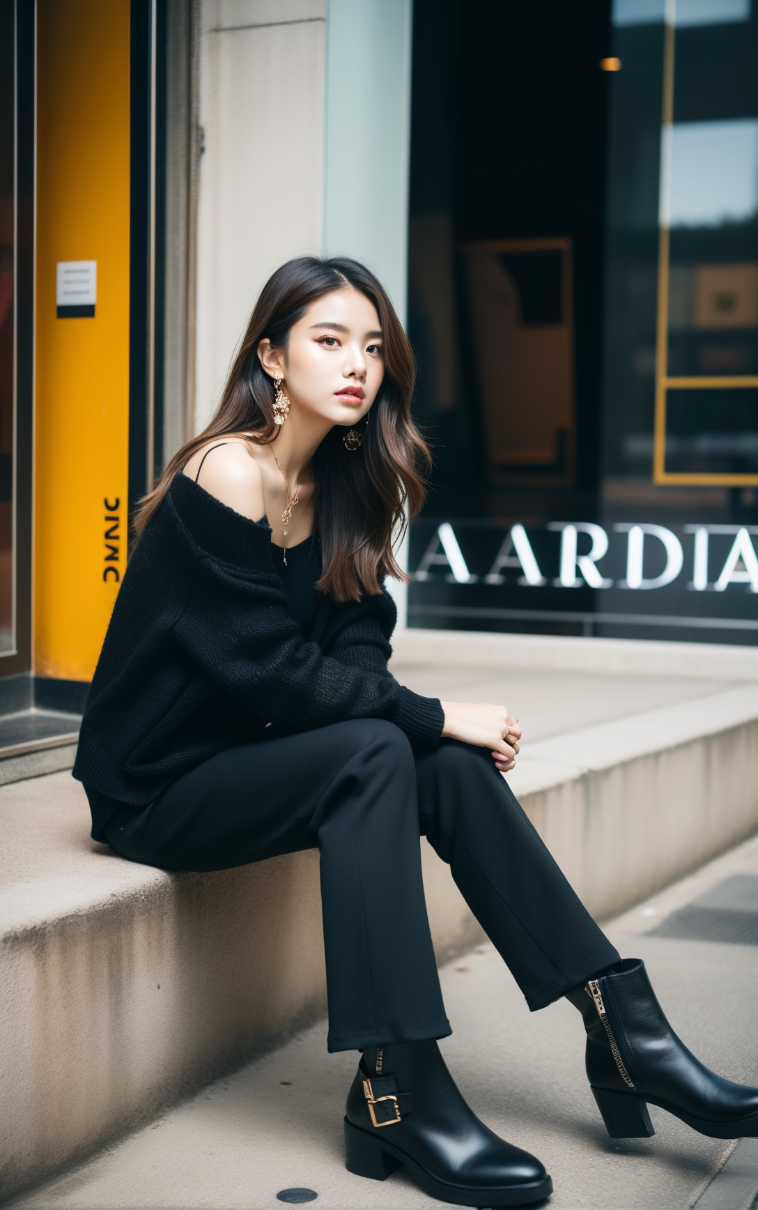 cover art,a woman sitting on a rail in front of a building with a sign that says prada on it,1girl,jewelry,pants,sitting,long hair,earrings,jacket,solo focus,brown hair,own hands together,necklace,cigarette,looking at viewer,black footwear,outdoors,black jacket,black pants,boots,off shoulder,long sleeves,photo background,shirt,brown eyes,lips,