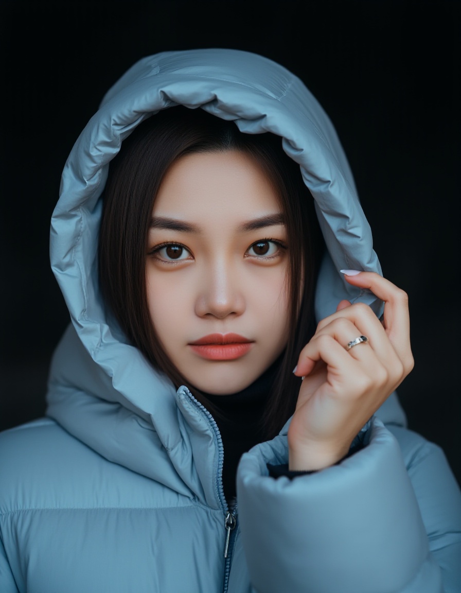This is a photograph of a young Asian woman with fair skin, dark brown hair, and expressive eyes. She wears a light blue, puffy winter coat with a hood that she holds up with her left hand, revealing a gold ring on her ring finger. The background is dark, emphasizing her face and the texture of the coat. The image captures a sense of mystery and calm.