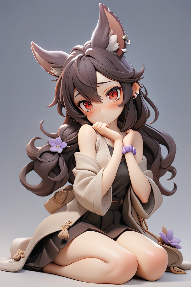 1girl, solo, long hair, looking at viewer, blush, bangs, skirt, simple background, shirt, black hair, red eyes, long sleeves, animal ears, hair between eyes, bare shoulders, sitting, closed mouth, collarbone, jacket, flower, open clothes, sleeveless, wide sleeves, black skirt, grey background, coat, head tilt, hands up, piercing, own hands together, ear piercing, purple flower, wrist scrunchie, erune, 负向提示, (masterpiece,best quality:1.2)