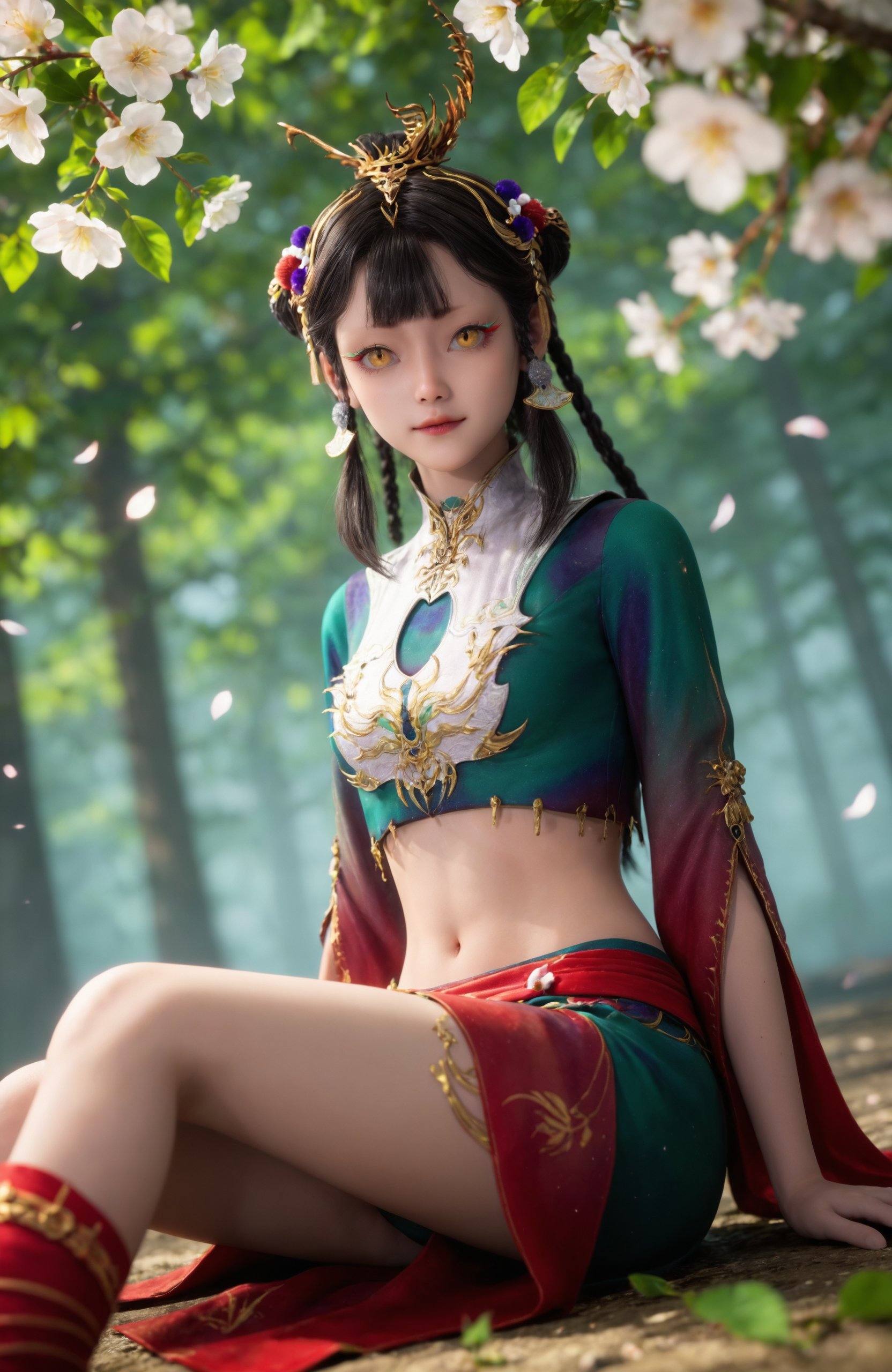 <lora:牧神记-仙清儿Pony2:0.7> 1girl, black hair, long hair, hair rings, hair bun, braid, hair ornament, jewelry, yellow eyes, crop top, chinese clothes, skirt, midriff, navel, red footwear, realistic style photo,outstanding style,Use soft lighting to cast gentle shadows on the subject,adding a touch of dimension to your images without compromising details,whirls of vapor,(Anime:1.1),soft neon light,ethereal ambiance,delicate details,magical atmosphere,concept art,highly detailed,ultra-high resolution,32K UHD,sharp focus,best-quality,masterpiece,golden hour,unconventional supreme masterpiece,masterful details,temperate atmosphere,with a high-end texture,in the style of fashion photography,magazine style,Dynamic Angle,Dynamic posture,magazine style,Dynamic Angle,Dynamic posture,(cowboy_shot:1.2),eye trail,depth of field,cinematic lighting,lens flare,close-up,extreme aesthetic,(wlop:0.6),(honjou raita,lack,rella,wanke:0.5),masterpiece,best quality,good quality,newest,year 2025,very aesthetic,absurdres,Visual impact,A shot with tension,ultra-high resolution,32K UHD,sharp focus,best-quality,masterpiece,Emotionalization,unconventional supreme masterpiece,masterful details,temperate atmosphere,with a high-end texture,in the style of fashion photography,(Visual impact:1.2),giving the poster a dynamic and visually striking appearance,, 1girl, flower, sitting, solo, blurry, yellow flower, blurry background, outdoors, sunlight, looking at viewer, nature, depth of field, arms at sides, leaf, tree, light rays, plant, feet out of frame, day,