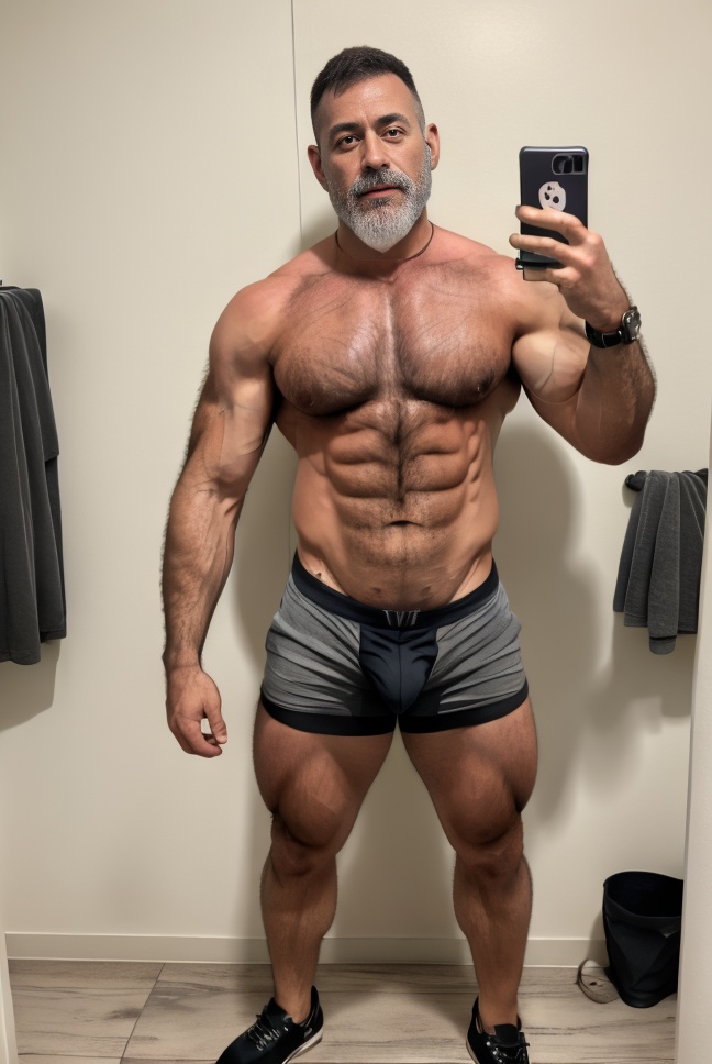 1boy, abs, arm hair,bara, beard, black footwear, black **** top, cellphone, chest hair, clothes lift, facial hair, full body, gvjames, hairy, leg hair, looking at viewer, male focus, male pubic hair, male underwear, manly, muscular, muscular male, navel, nipples, pectorals, pubic hair, realistic, short hair, shorts, solo, stomach,tattoo, thighs, wristwatch,<lora:SD1.5_GVJames.1.28:0.6>