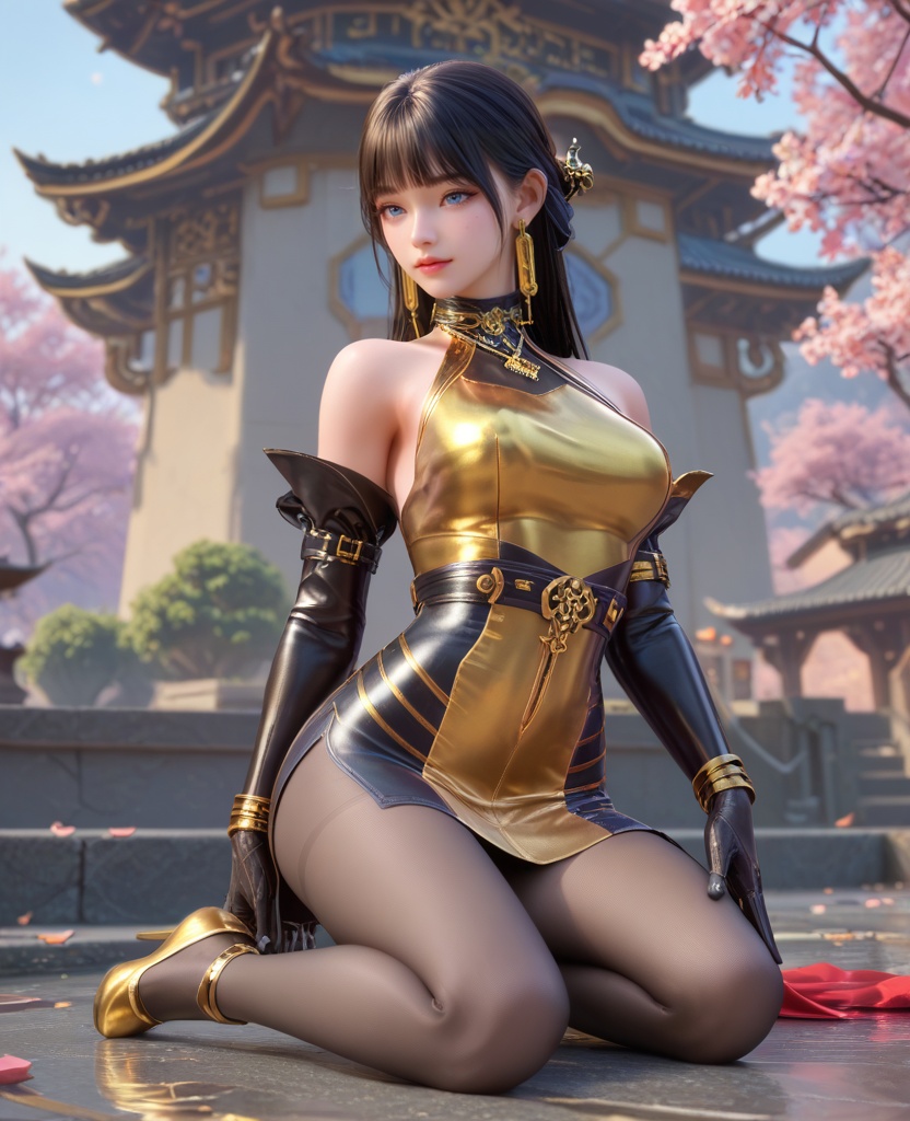 (oriental architecture, elegant decor, sophisticated style:1.1),(one knee:1.1),(breasts:1.2),<lora:XL16穿越火线步练师灵魂武者:0.95>,miss bulianshi,yellow and black short dress,blue eyes,blunt bangs,black hair,half updo with long cascading hair,earrings,jewelry,black elbow gloves,bracelet,bare left shoulder,armlet,black pantyhose,yellow high heels,, score_9,score_8_up,score_7_up,score_6_up,score_5_up,score_4_up,3d rendering,tag1,tag2, Cinematic Lighting,backlighting,, zPDXL3, zPDXL2,zPDXL, zPDXLxxx, zPDXLrl,