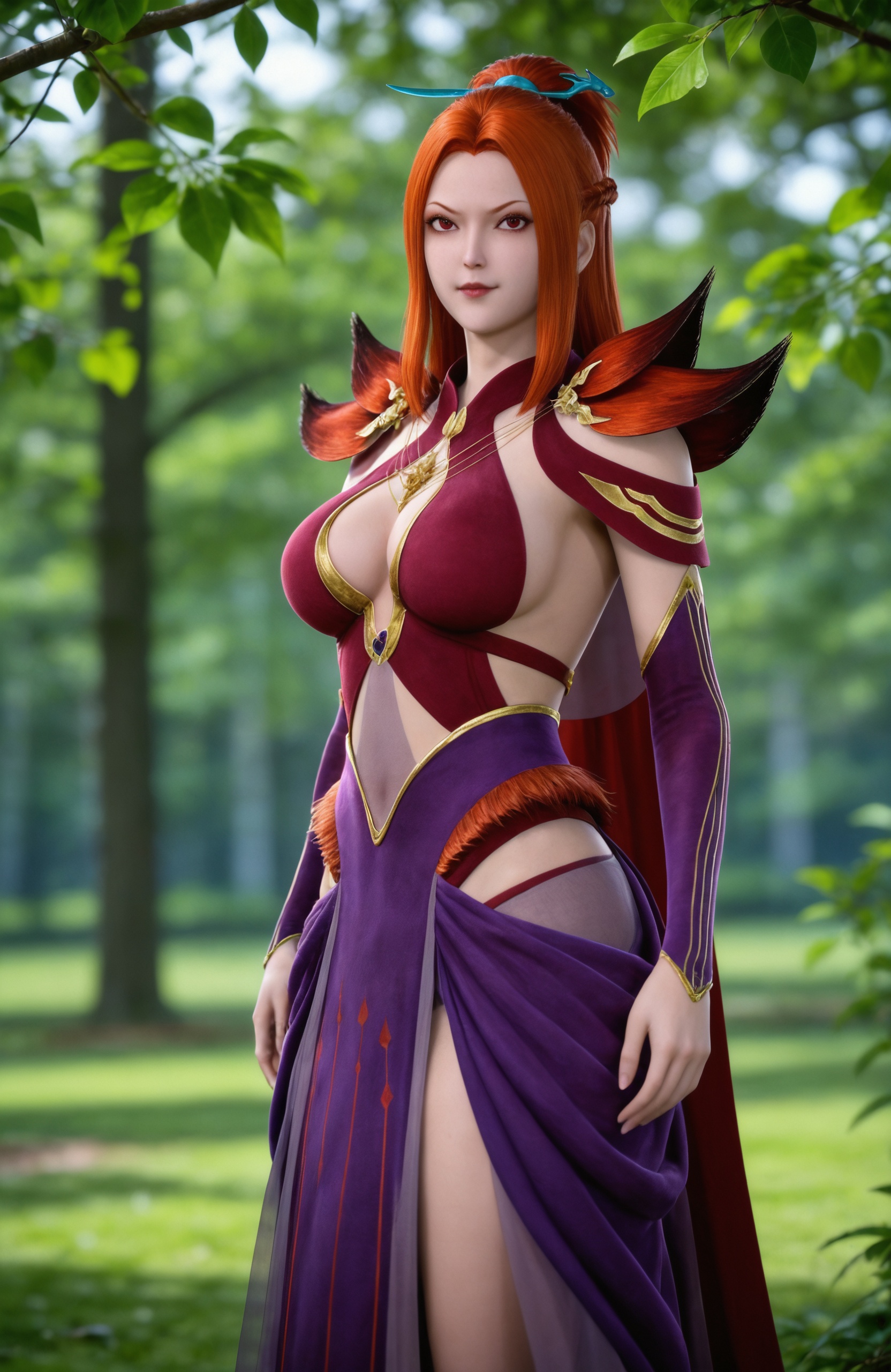 1girl, solo,  closed mouth, jewelry,   leaf,  curtains,  realistic  <lora:妖神记-沈秀Pony:0.7> 1girl, long hair, red hair, red eyes, hair ornament, purple dress, detached sleeves, large breasts, cleavage, clothing cutout, shoulder armor, purple footwear, realistic style photo,outstanding style,adding a touch of dimension to your images without compromising details,whirls of vapor,ethereal ambiance,delicate details,magical atmosphere,concept art,highly detailed,ultra-high resolution,32K UHD,sharp focus,best-quality,masterpiece,golden hour,unconventional supreme masterpiece,masterful details,temperate atmosphere,with a high-end texture,in the style of fashion photography,magazine style,Dynamic Angle,Dynamic posture,(cowboy_shot:1.2),depth of field,lens flare,extreme aesthetic,masterpiece,best quality,good quality,newest,year 2025,very aesthetic,absurdres,Visual impact,A shot with tension,ultra-high resolution,32K UHD,sharp focus,best-quality,masterpiece,Emotionalization,unconventional supreme masterpiece,masterful details,temperate atmosphere,with a high-end texture,in the style of fashion photography,(Visual impact:1.2),giving the poster a dynamic and visually striking appearance,