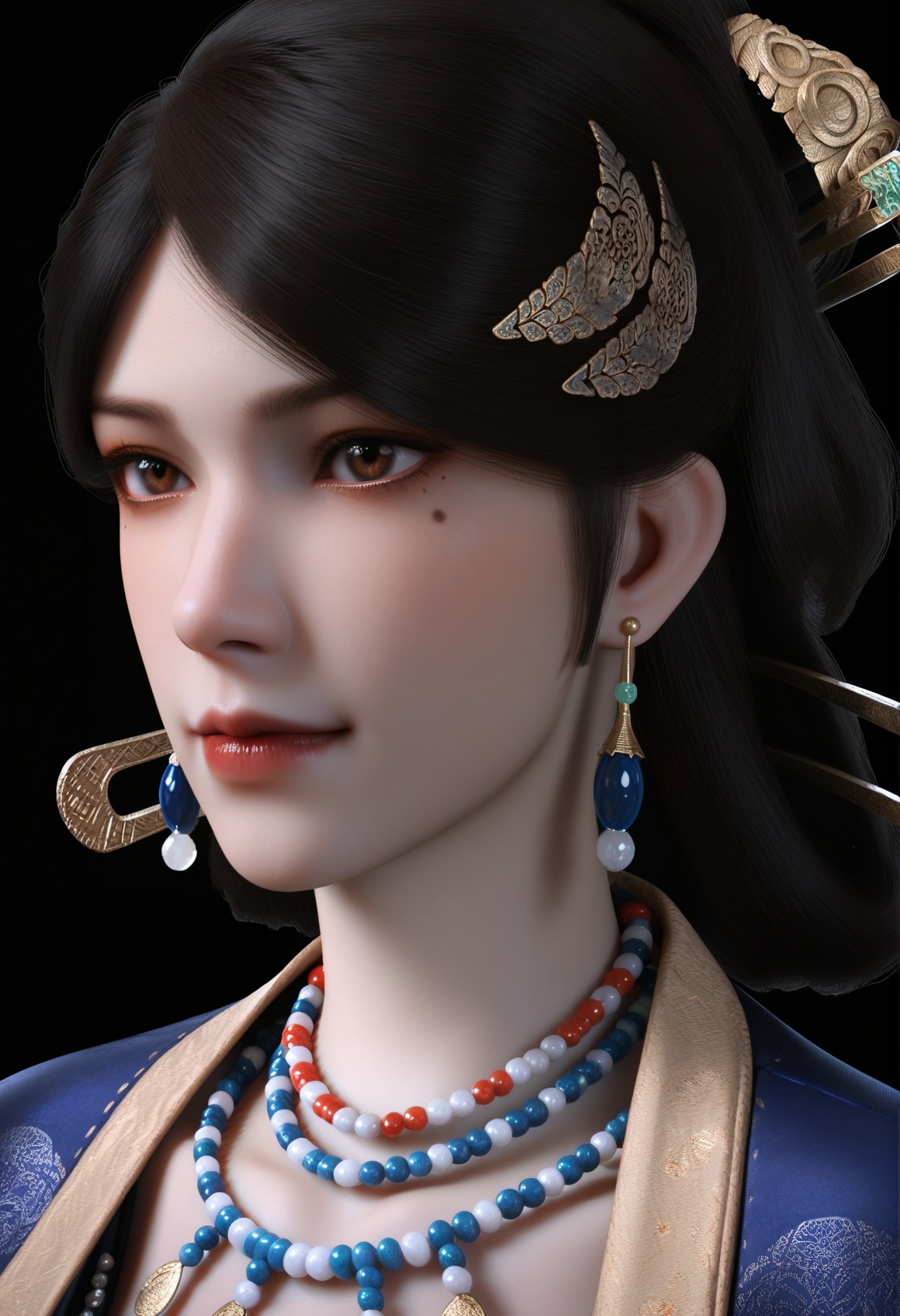 (score_9),portrait,(close-up),solo focus,(eye focus),<lora:温洛玉-apony:0.83>,wengluoyu,solo,1girl,brown eyes,hair stick,black hair,earrings,hair ornament,updo,hair stick,mole under eye,mole,BREAK<lora:Expressive_H-000001:0.8>,light blush,Expressiveh,looking at viewer,seductive_smile,<lora:e肤色滑块:0.25>,fair_skin,(pale skin),<lora:e色温:0.25>,ultra-detailed skin texture,detailed textures,<lora:皮肤凹痕:1.5>,<lora:RealisticSkinv1_ponyv6_loraplus:0.35>,real skin,BREAKsimple background,black background,<lora:e色温:0.25>,4K ultra HD,sharp focus,high detail,high contrast,