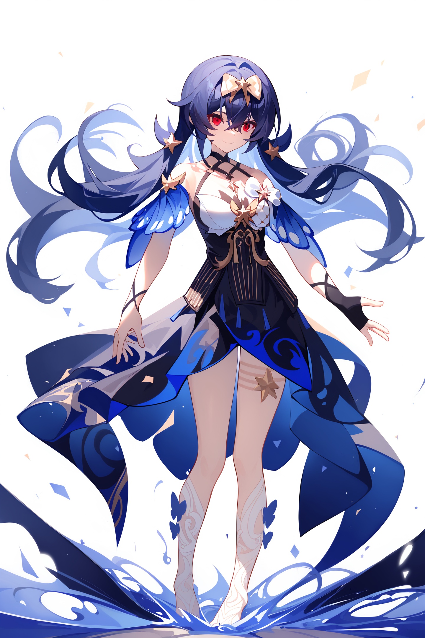 score_9,score_8_up,score_7_up,score_anime,8k,best quality,masterpiece,(ultra-detailed),(high detailed skin),(by nanoless, by misumi \(macaroni\),:0.5),<lora:YLI 0.1v:0.25>,<lora:style1:0.25>,A full-body portrait of a young girl,standing gracefully,pastel art style,high-key lighting,shoujo manga influence,hd quality,delicate details,full body,full shot,standing,looking at viewer,(solo:1.2),simple background,white background,hand on own hip,Digital Deconstruction,Glitch Art,<lora:StarchasmNyx-pony-Tanger:0.8>,seele vollerei,blue hair,seele vollerei \(Magic Girl Seele\),clothes: black and white dress,multicolored hair,black hair,(Hair bow,Magic Girl Hair bow:1.2),1girl,red eyes,bangs,smile,Magic Girl White patterned open-toe socks,Magic Girl Asymmetrical gloves,hair between eyes,bare shoulders,