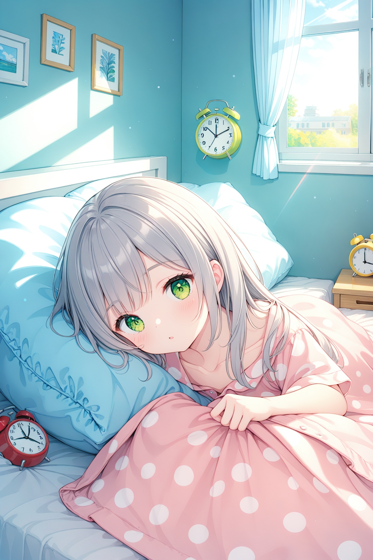 (masterpiece),(best quality),illustration,ultra detailed,hdr,Depth of field,(colorful),loli,1girl,clock,solo,alarm clock,under covers,green eyes,bed,long hair,pillow,indoors,sunlight,curtains,pajamas,grey hair,blanket,window,collarbone,bangs.,