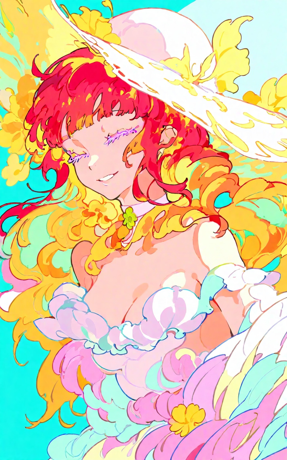 1girl, qk1, solo, flower, closed eyes, dress, long hair, pink flower, bare shoulders, colored eyelashes, frills, colorful, smile, white background, hands up, eyelashes, frilled dress, blunt bangs, red hair, alternate costume, armpit crease, upper body, lips, strapless, breasts, sundress, collarbone, open mouth, hat ornament, green ribbon, sun hat, shade, breasts apart, closed mouth, white choker, ribbon, hat, sidelocks, bare arms, blue background, white dress, teeth, multicolored background, hat flower, medium breasts, white headwear, strapless dress, happy,A young woman with long red hair. the hat has a wide brim and a small bow on the side. the woman is smiling and has her eyes closed, as if she is enjoying the moment. the background is a gradient of blue and yellow, giving the image a dreamy and ethereal feel. the overall color scheme of the image is soft and pastel, with shades of pink, purple, and green.masterpiece, best quality, newest, absurdres, sensitive <lora:okra_v2.5-000029:1>