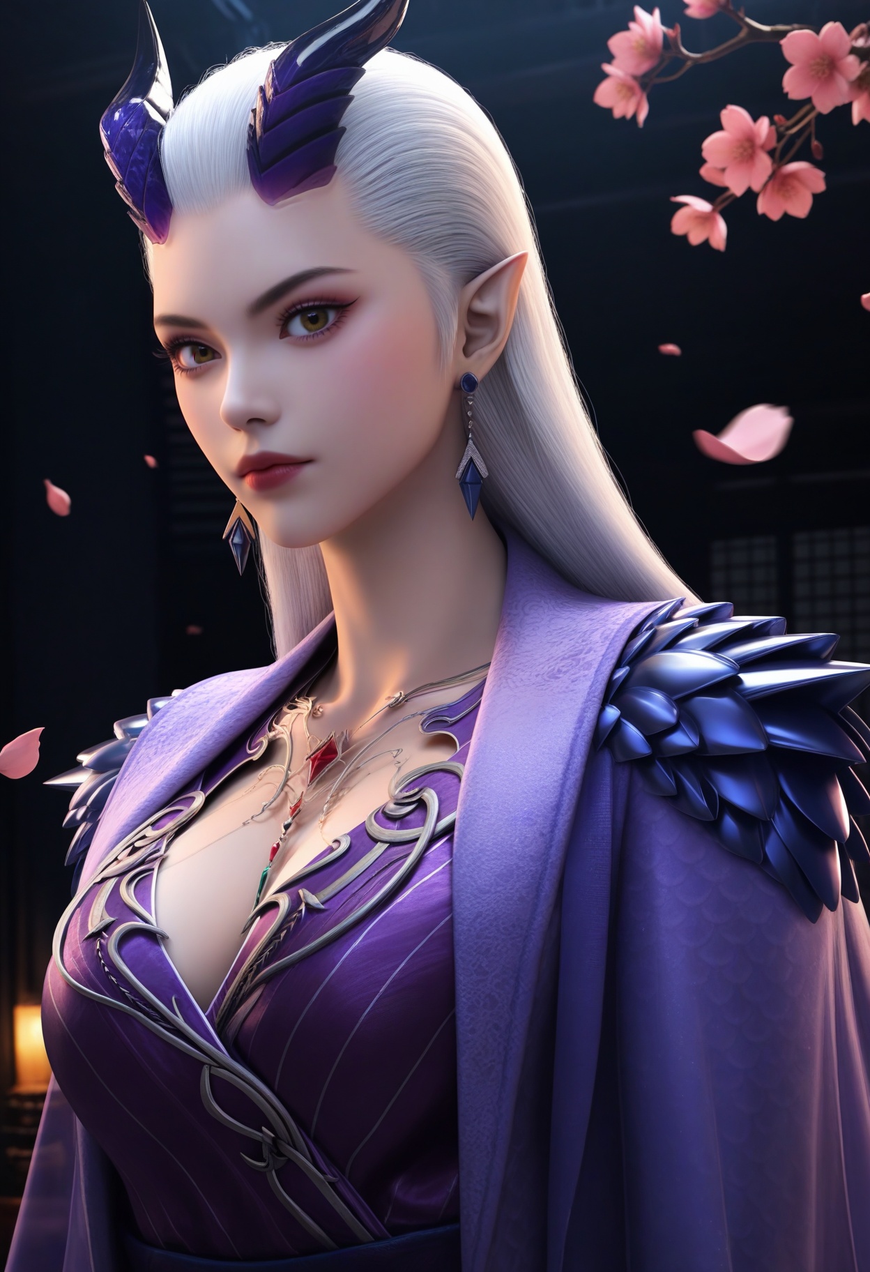masterpiece,best quality,amazing quality,very aesthetic,high resolution,ultra-detailed,absurdres,scenery,photorealistic,(looking at viewer:1.1),upper body,(Dark room:1.3),(moody lighting:1.1),peach blossom,falling petals,(large breasts:0.8),monasuo,1girl,solo,white hair,long hair,jewelry,horns,earrings,pointy ears,necklace,closed mouth,dress,makeup,purple dress,long dress,long sleeves,red lips,brown eyes,barefoot BREAK photorealistic details,<lora:QQSillmonasuoV1:0.8>,