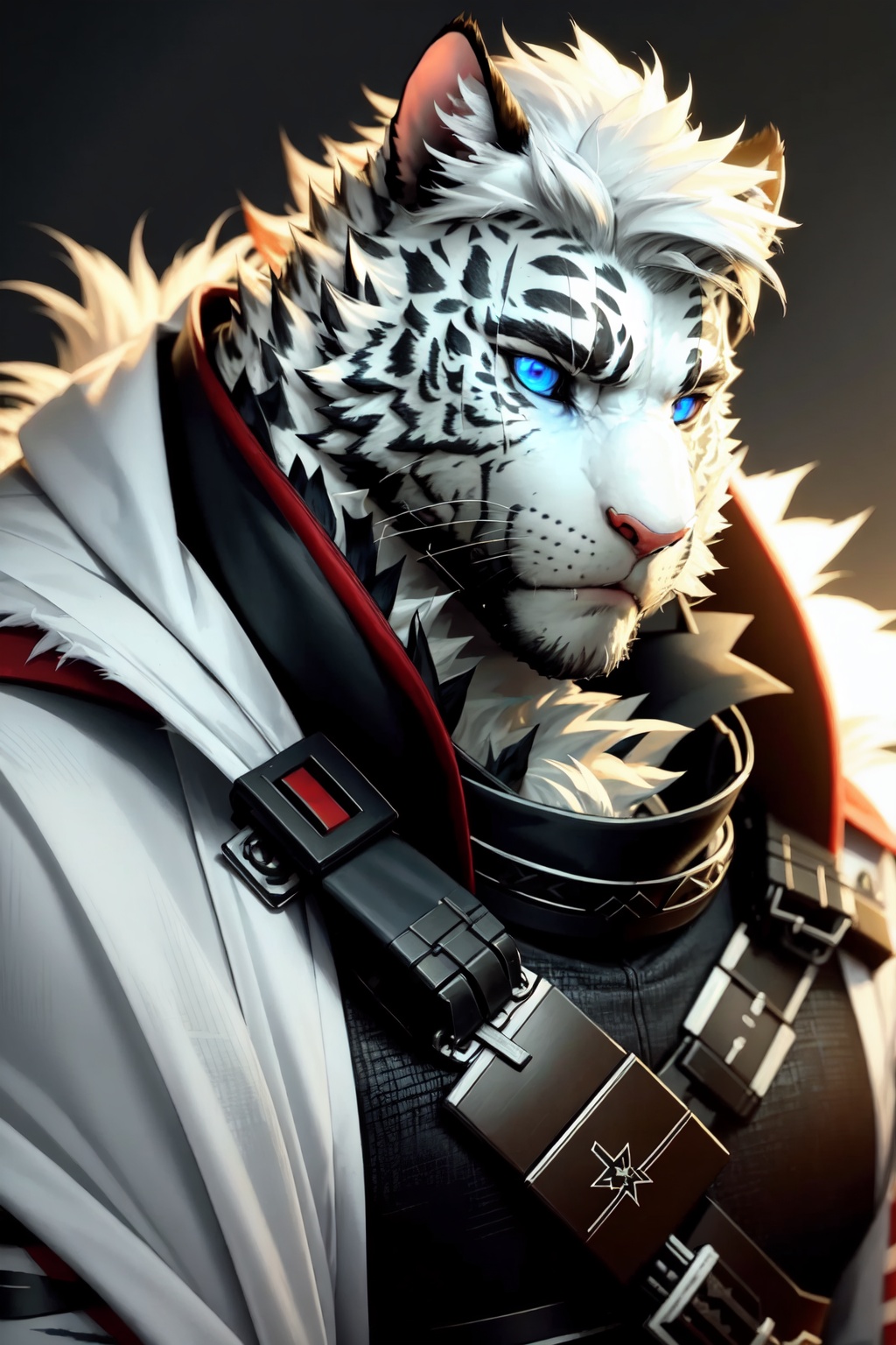 portrait,close-up,upper body,mountain_(arknights),tiger_boy,scar_across_eye,solo,1boy,white_fur,furry_male,muscular_male,bara,scar_on_face<lora:mountain_(arknights):1>,simple background,white backgroundmasterpiece,best quality, highly detailed, 