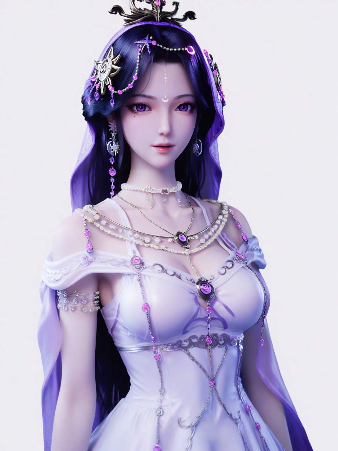 score_9,1girl,solo,breasts,black hair,beads,crescent,hair ornament,earrings,lipstick, eyelashes, mole under eye,necklace,breasts,dress,purple eyes,standing,long hair,looking at viewer,white background,simple background,<lora:SF_YueYe_TouJianPony_Realism2.3-000004:0.7>,