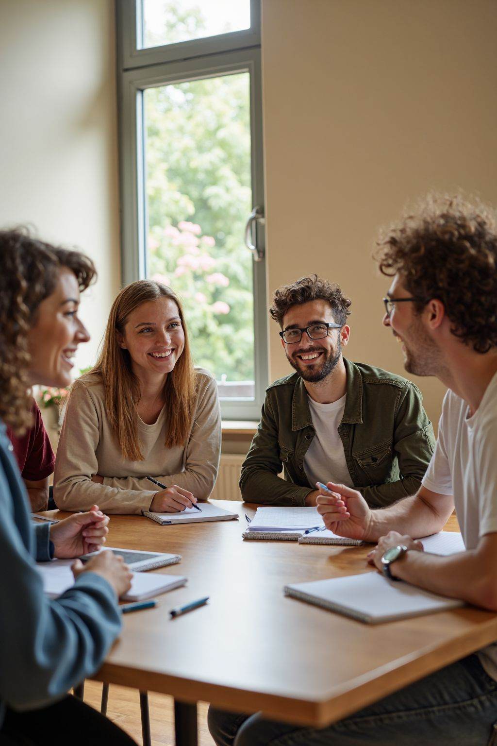 This is a photograph of a group of four young adults, likely in their twenties, sitting around a table in a modern, minimalist room with beige walls and minimal decor. The group consists of woman and man, They are casually dressed in T-shirts and jackets, with notebooks and pens scattered on the table. The lighting is bright and even, suggesting it's daytime. The atmosphere is lively and friendly, with a sense of camaraderie and joy. What I see outside the window are trees and flowers.