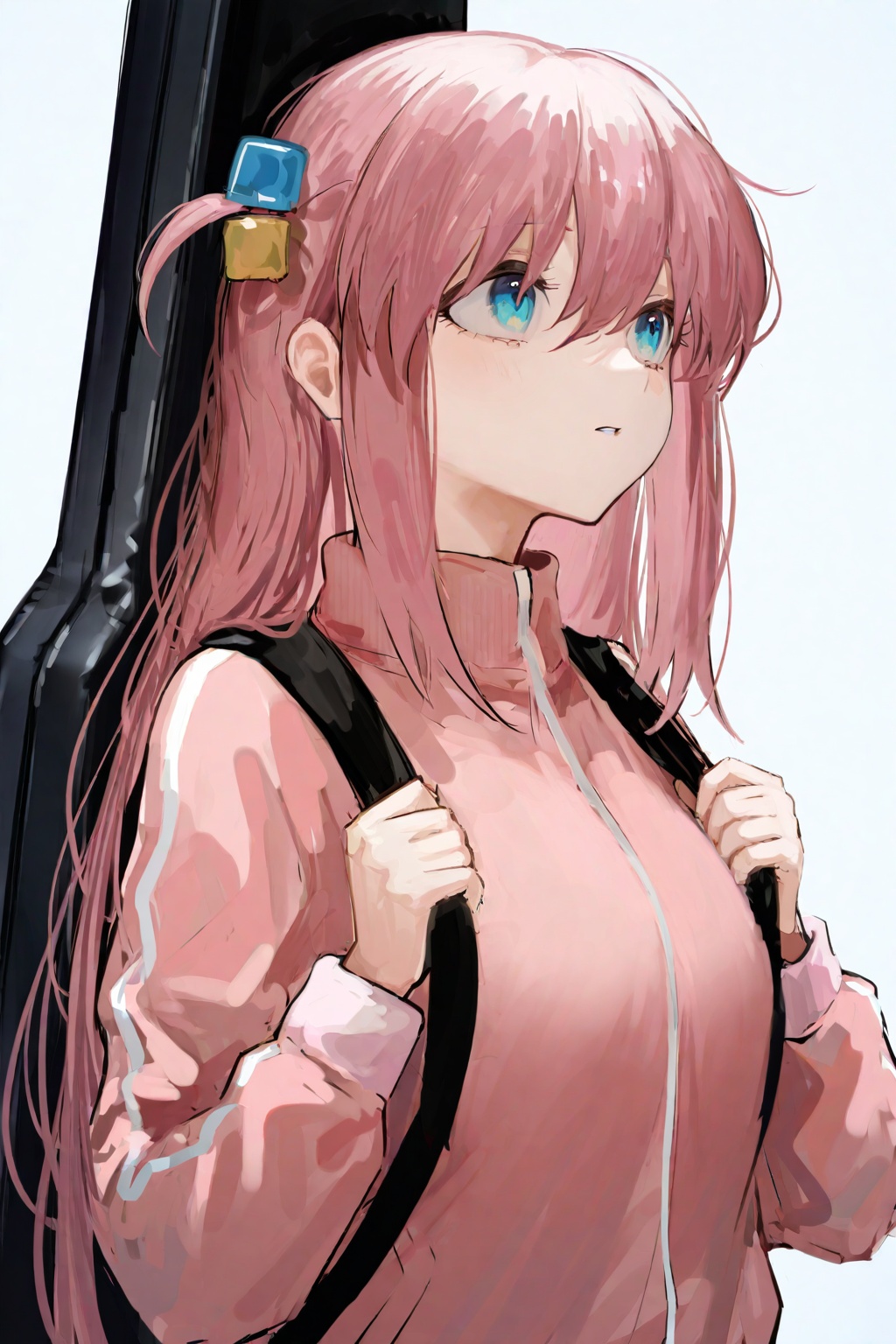 highres,absurdres,Visual impact,masterpiece,amazing quality,best quality,very aesthetic,very awa,newest,<lora:pikuson-Style-000060>,1girl,solo,gotoh hitori,long hair,pink hair,blue eyes,pink jacket,cube hair ornament,hair ornament,jacket,simple background,upper body,instrument case,one side up,guitar case,track jacket,long sleeves,hair between eyes,grey background,holding strap,parted lips,white background,