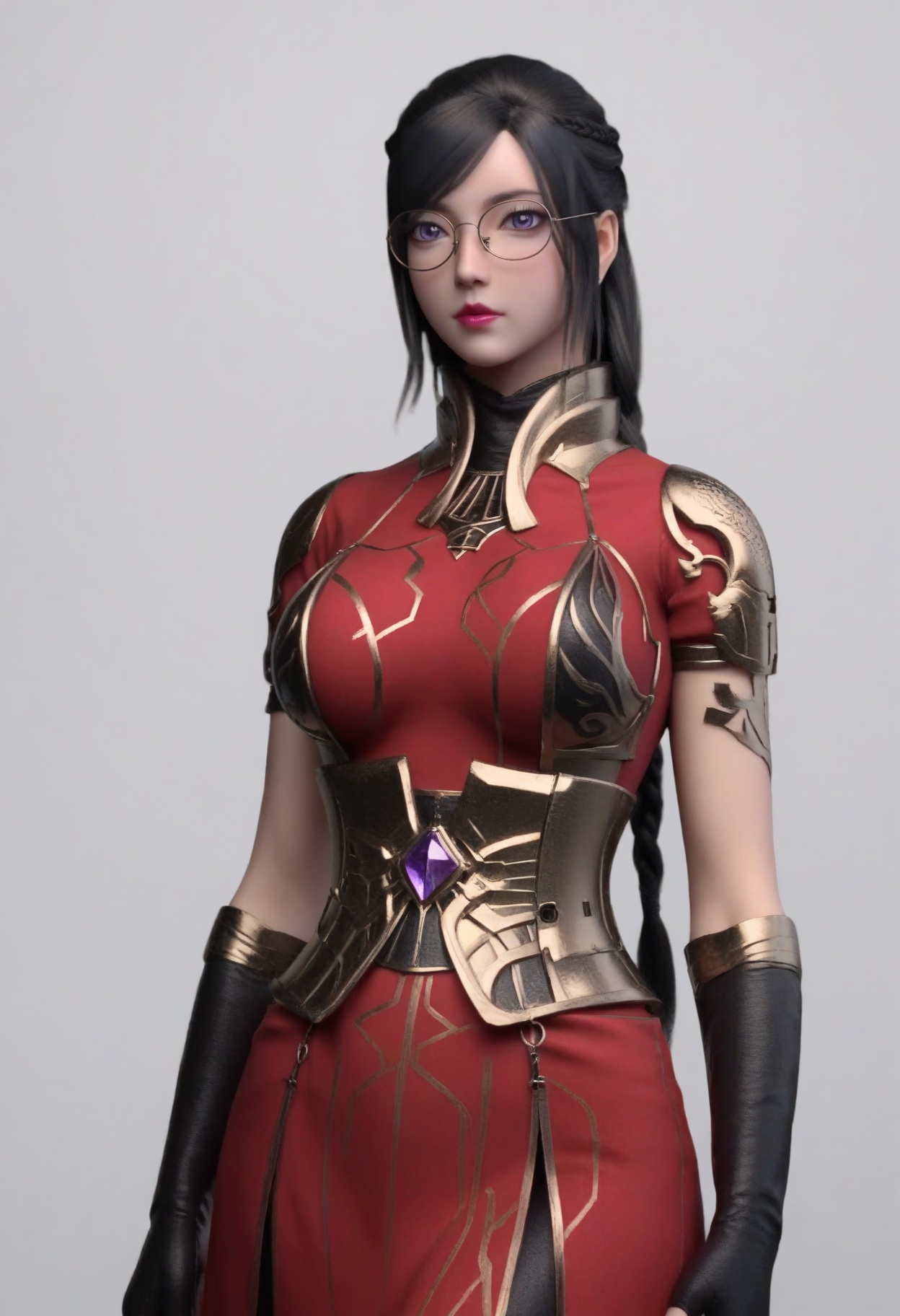 score_9,<lora:SF_WuZhao_Pony_Realism2.3-000003:0.7>,1girl,solo,armor,red dress,bangs,braid,glasses,lipstick,makeup,black hair,purple eyes,breasts,short sleeves,gloves,large breasts,dress,standing,long hair,fair_skin,white_skin,Ivory_skin,looking at viewer,white background,simple background,