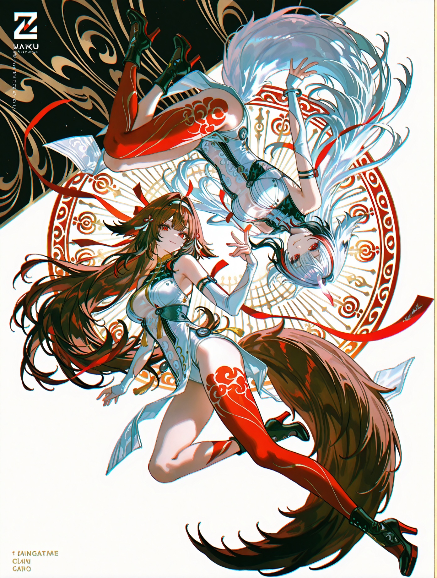 8k,best quality,masterpiece,(ultra-detailed),(high detailed skin),artist:john kafka,(artist:wanke:0.9),artist:fuzichoco,artist:quasarcake,(artist:nixeu:0.8),simple_black_background,black and white theme,Sense of coordination,sense of order,mathematics beauty,(((cover design))),(((((cover art))))),((trim)),album_art,official art,(Master's work),2girls,multiple girls,smile,full body,closed mouth,long hair,white background,looking at viewer,dual persona,upside-down,<lora:Ye_Shunguang-noob-Tanger-000014:0.8>,(2girls:1.2) BREAKYe Shunguang \(Zenless Zone Zero\),brown hair,brown animal ears,brown fox tail,a red left thigh band tattoo,clothes: guang white def china dress,guang def white hairband,guang detached sleeves,red hair ribbons,1girl,long hair,breasts,red eyes,streaked hair BREAKYe Shunguang \(Zenless Zone Zero\),albino state,grey hair,grey animal ears,white fox tail,asymmetric red leg tattoos,extensive red left leg tattoo,single see-through horn,clothes: guang white def china dress,guang def white hairband,guang detached sleeves,red hair ribbons,1girl,long hair,breasts,red eyes,red hair,multicolored hair,high heels,streaked hair BREAK