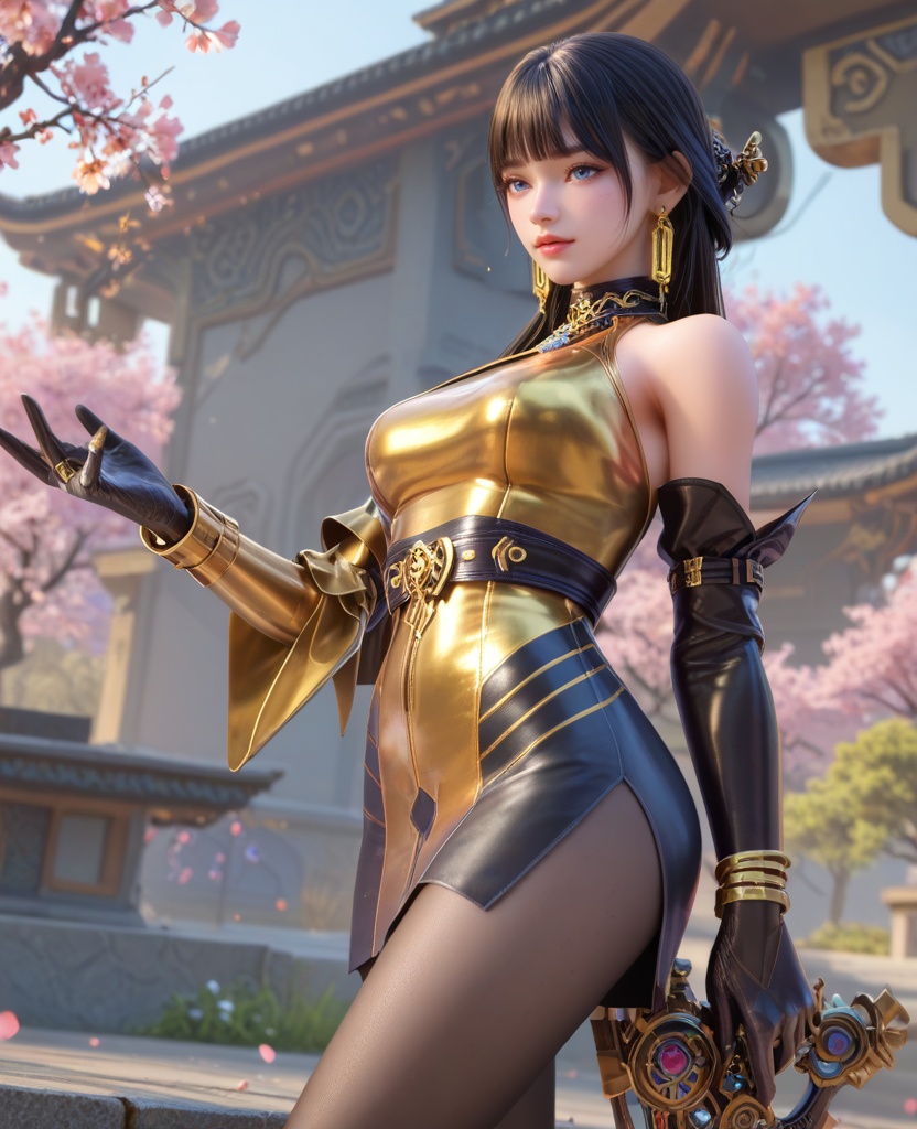 (oriental architecture, elegant decor, sophisticated style:1.1),(breakdance power move:1.1),(breasts:1.2),<lora:XL16穿越火线步练师灵魂武者:0.95>,miss bulianshi,yellow and black short dress,blue eyes,blunt bangs,black hair,half updo with long cascading hair,earrings,jewelry,black elbow gloves,bracelet,bare left shoulder,armlet,black pantyhose,yellow high heels,, score_9,score_8_up,score_7_up,score_6_up,score_5_up,score_4_up,3d rendering,tag1,tag2, Cinematic Lighting,backlighting,, zPDXL3, zPDXL2,zPDXL, zPDXLxxx, zPDXLrl,