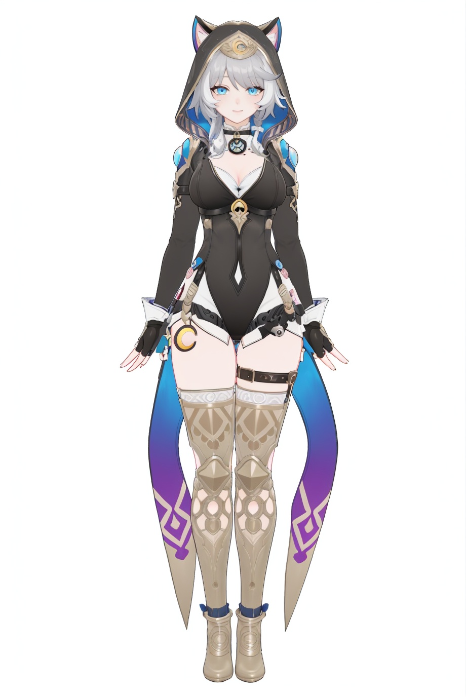 8k,best quality,masterpiece,(ultra-detailed),(high detailed skin),(by nanoless, by misumi \(macaroni\),:0.5),A full-body portrait of a young girl,standing gracefully,pastel art style,high-key lighting,shoujo manga influence,hd quality,delicate details,full body,full shot,standing,looking at viewer,(solo:1.2),simple background,(white background:1.2),<lora:Cipher-sd-Tanger-000019:0.8>,Cipher \(honkai: star rail\),cat girl,cat ears,cat tail,clothes: Cipher black clothes,1girl,blue eyes,breasts,fingerless gloves,thighhighs,boots,hood,