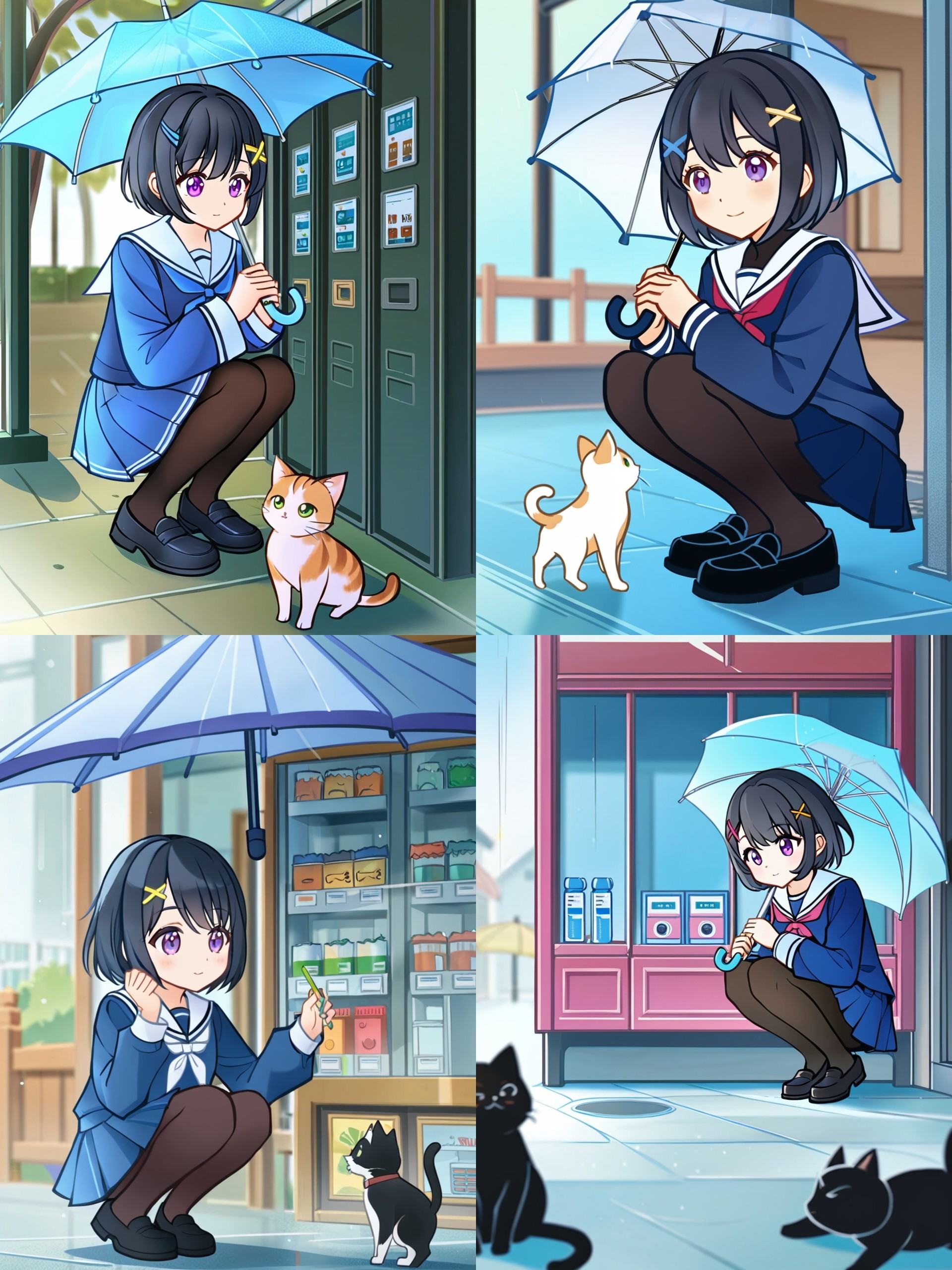 illustration,ultra detailed,hdr,Depth of field,(colorful),1girl,transparent,school uniform,rain,umbrella,cat,hair ornament,pantyhose,squatting,transparent umbrella,serafuku,holding,short hair,solo,purple eyes,black footwear,white sailor collar,outdoors,loafers,shoes,hairclip,sailor collar,x hair ornament,long sleeves,neckerchief,black hair,pleated skirt,bangs,holding umbrella,blue shirt,animal,shirt,blue serafuku,closed mouth,hair between eyes,black pantyhose,vending machine,blue skirt,black skirt,loli,<lora:liyueFP8v2:0.7>,
