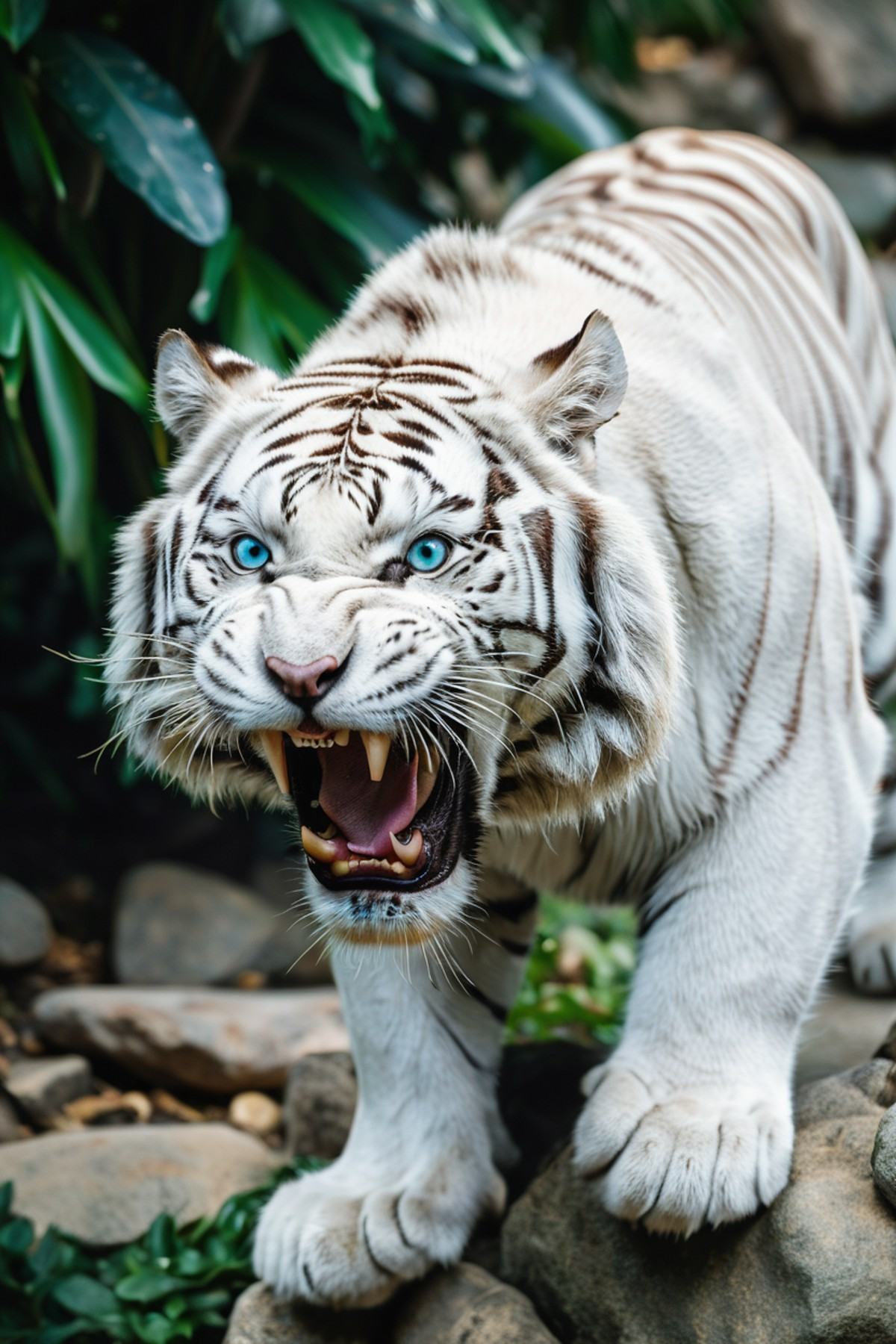 close-up of a roaring white tiger with black stripes,  open mouth showing sharp teeth,  intense blue eyes on Tensor.Art