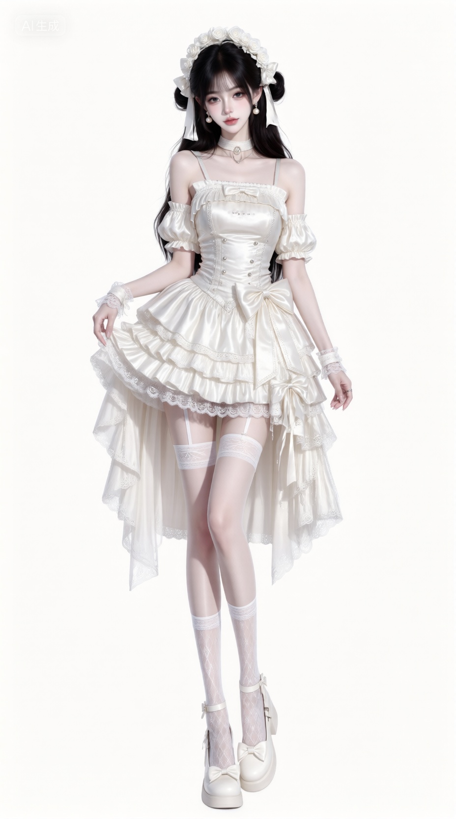 A young woman with long black hair styled in twin buns adorned with white floral ribbons stands against a plain white back...