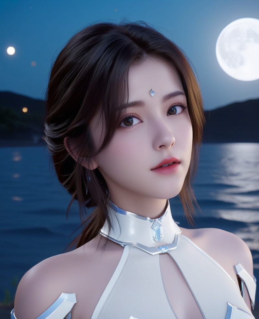 <lora:613-DA-XL-神印王座-白玥:0.8>(,1girl, ,best quality, ),looking at viewer,masterpiece, (( , )),, realistic,science fiction,mole, ultra realistic 8k cg, moonlight,full moon,