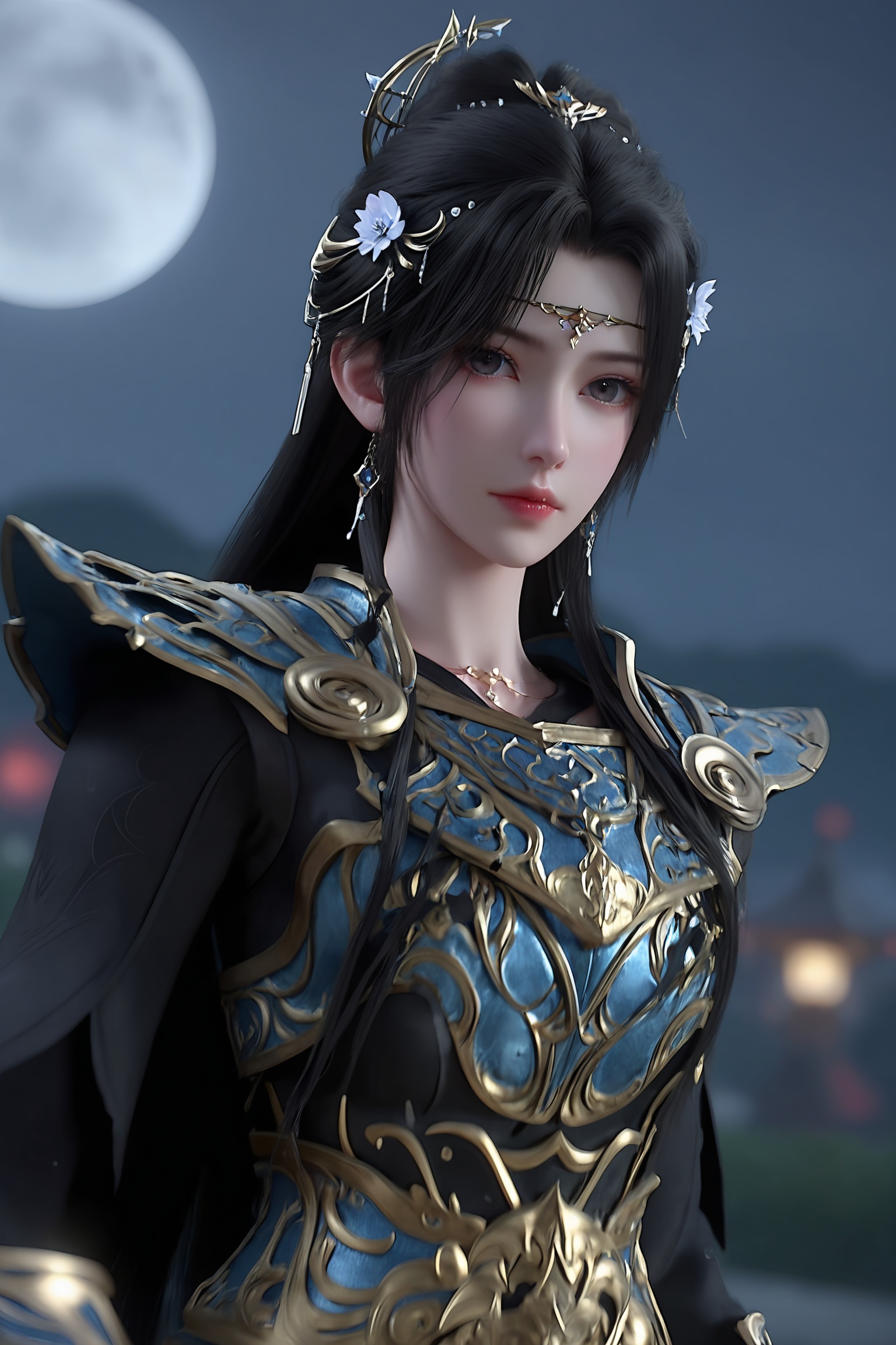 <lora:完美世界-雷帝铠甲清漪Pony-重制:0.7>,1girl,long,flowing black hair,headdress,elaborate,ornate armor,blue and gold,with intricate designs,smooth metal plates,layered fabric,high-collared,long sleeves,1girl,solo,shiny,shiny_hair,upper_body,fair_skin,white_skin,shiny_skin,shiny,Ivory_skin,looking at viewer,cinematic lighting,volumetric lighting,solo focus,blurry background,depth of field,night,sky,night sky,full moon,moonlight,