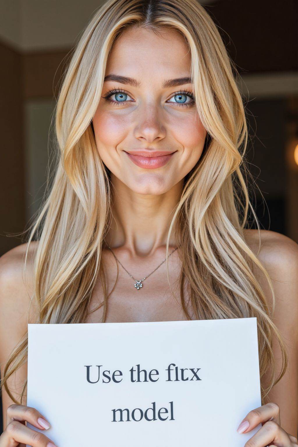 instagram photo, closeup face photo of 20 y.o, blue eyes, pale skin, smile, blonde long straight hair, elegant dress, holding a sign with text "Use the flux model",