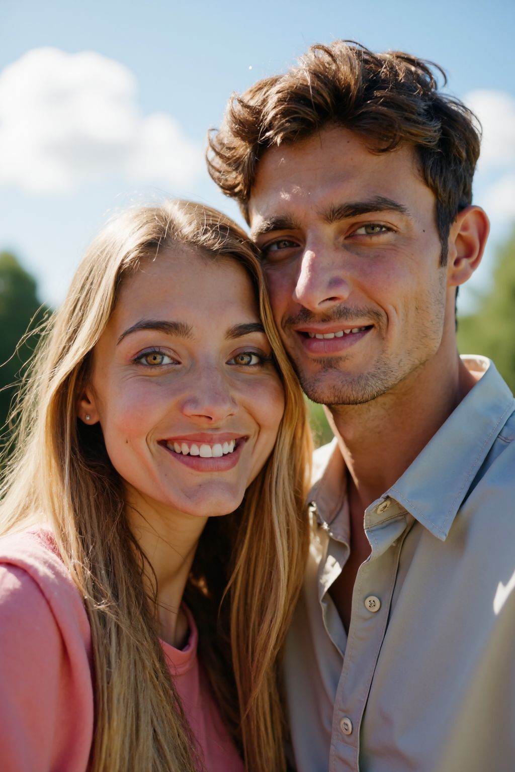 HDR photo of cinematic film still, This is a photograph of a young couple posing for a selfie outdoors. The woman with long blonde hair, wears a pink top. The man with short dark hair, is in a shirt.
