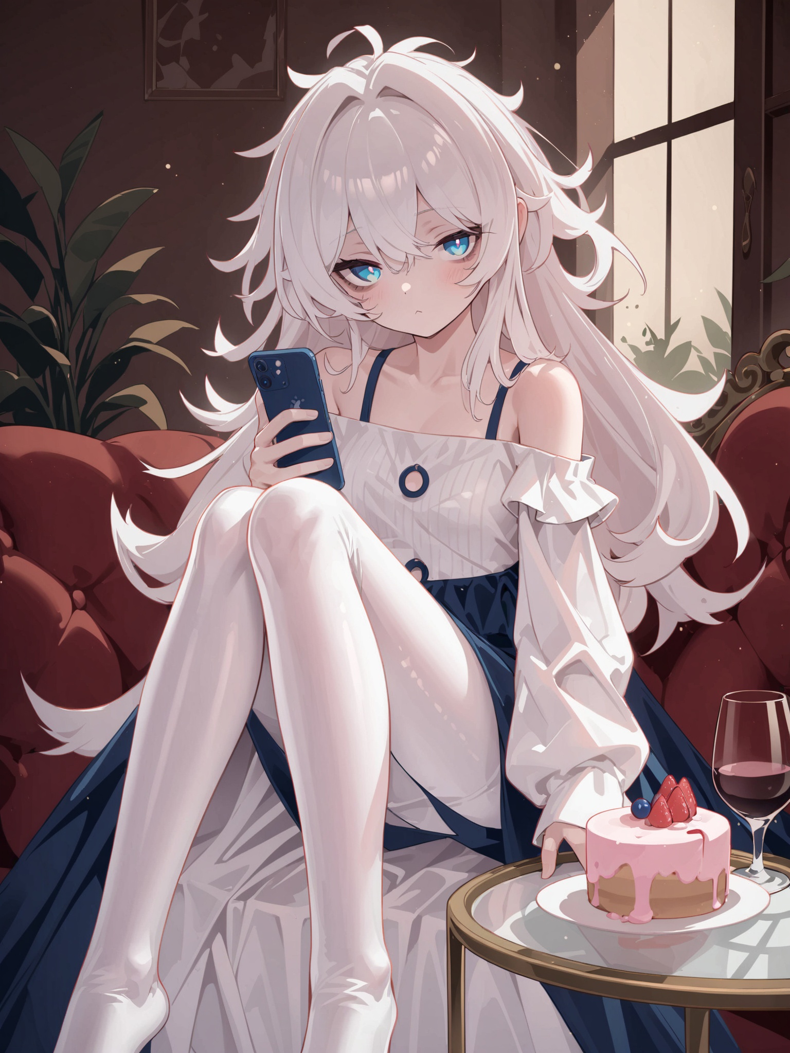 line art,line style,indoors,sofa,window,dessert,baverage,glass table,1girl,solo,blue eyes,white hair,long hair,hair between eyes,small breasts,messy hair,bags under eyes,off-shoulder sweater,long sleeves,white pantyhose,expressionless,light blush,:<,half-closed eyes,looking at viewer,pov,sitting on sofa,knees up,holding phone,masterpiece,bestquality,onnk,