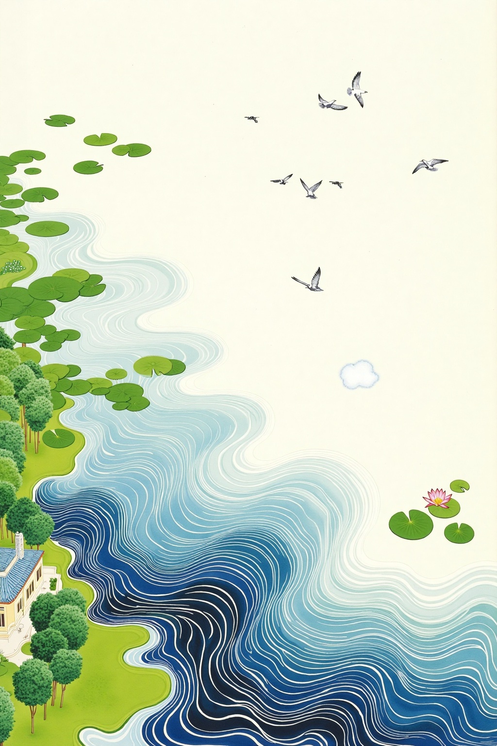 beijihui,Captured from an eye-level perspective,a painting of a lake is depicted. The lake is divided into two sections,each with a different shade of blue,creating a wavy pattern. To the left of the lake,there is a large body of water that is dotted with green lily pads floating on top of it. The lily pad is floating on the right side of the image,with a small white cloud floating in the middle of the water. The background is a light blue,and there are a few birds flying in the sky above the lake. The birds are in the upper right corner of the frame,their wings are spread wide,while the birds are facing the left side. The water is a dark blue,with wavy lines running across it. There are trees and a building in the bottom left corner,adding a touch of nature to the scene.,