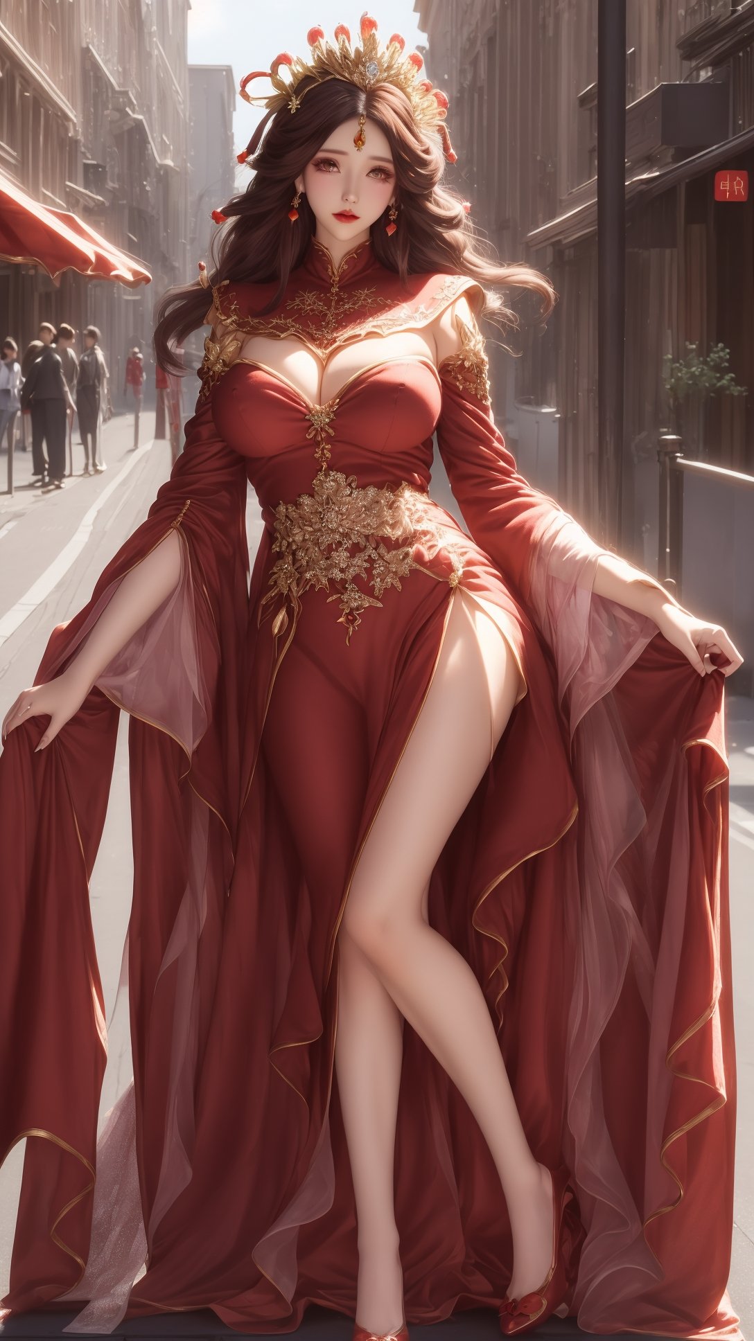 (1girl),smooth chin,masterpiece,detailed face,((hair ornament:1.2)),top quality,4k,make up,best quality,huge breasts,(looking at viewer),ribbon,shawl,sleeves,forehead mark,legs,on street,<lora:王者露娜一生所爱_v1.0:0.9>,hair crown,red ball hair ornament,full body,jewelry,red dress,dress lift,
