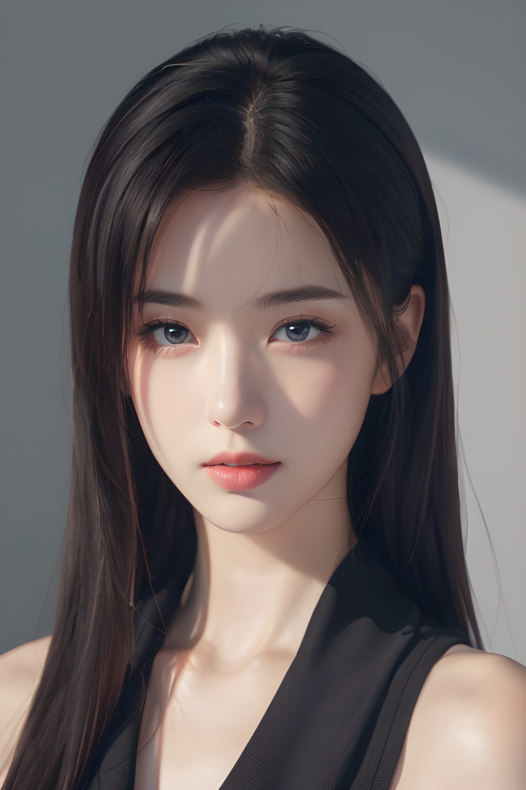 1girl,solo,portrait,looking_at_viewer,simple_background,grey_background,(Best quality,Masterpiece,Highly detailed,Ultra-fine painting,Extreme detail description,Professional,Vivid colors,Photography,8K),remove light and shadow effects,realistic,