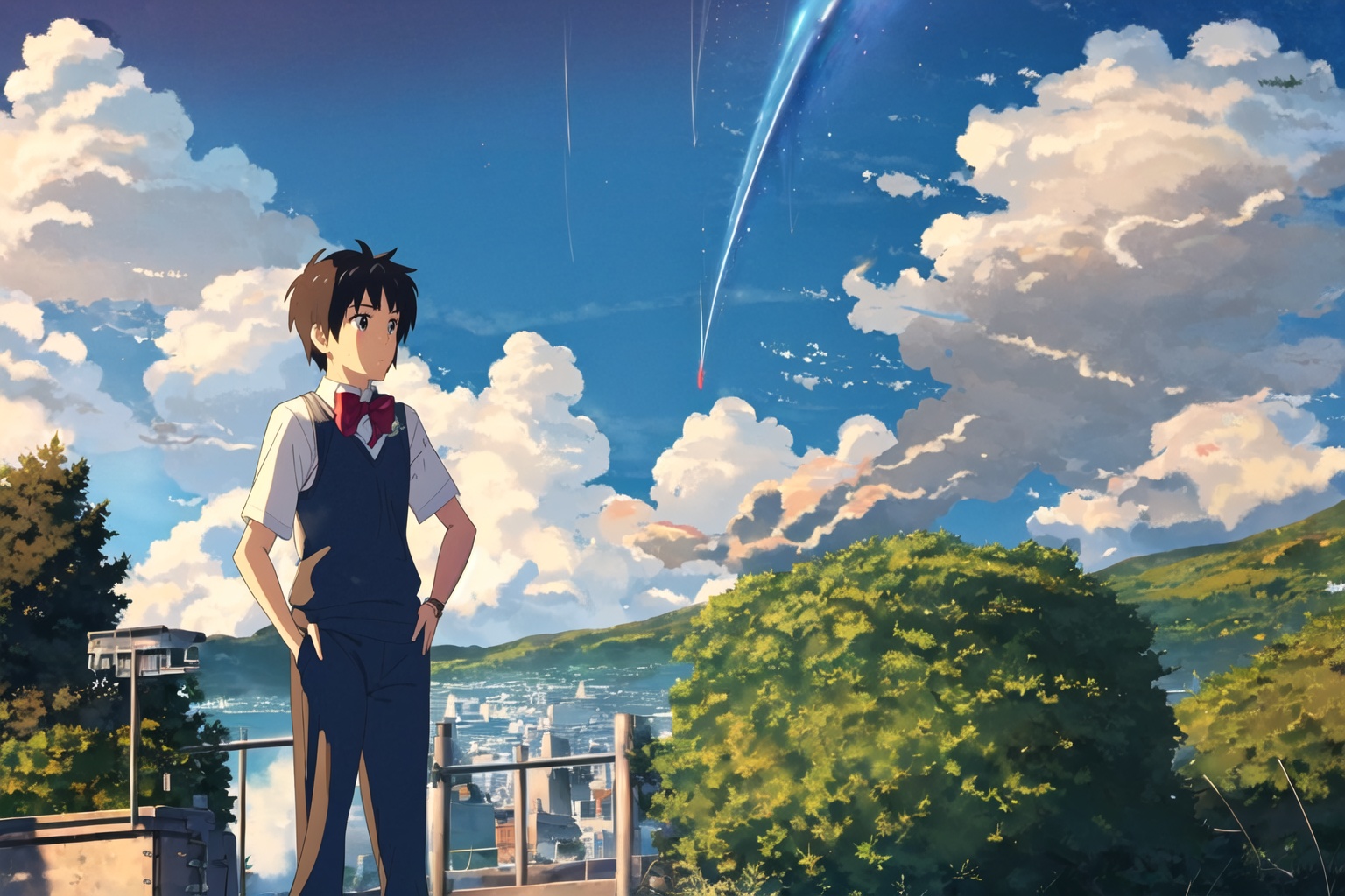 dream, New Haicheng Animation Style, 1girl, short hair, blue eyes, skirt, brown hair, shirt, black hair, 1boy, bow, ribbon, brown eyes, school uniform, standing, white shirt, short sleeves, pleated skirt, outdoors, necktie, sky, shoes, day, socks, striped, pants, cloud, bowtie, black skirt, looking at another, red bow, red ribbon, tree, blue sky, kneehighs, cloudy sky, black socks, building, red bowtie, scenery, hand in pocket, striped bow, hands in pockets, striped necktie, diffraction spikes, miyamizu mitsuha