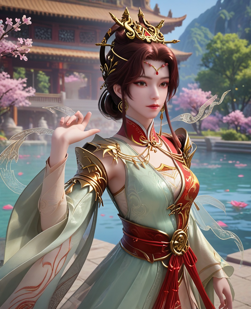 (oriental architecture, elegant decor, sophisticated style:1.1),hands on the ground,(breasts:1.2),<lora:XL16完美世界真仙英灵:0.95>,1girl,two-tone celadon and red cross-collar hanfu,brown eyes,brown hair,traditional chinese updo with long front strands,hair ornament,earrings,jewelry,wide flowing sleeves,sash,, zPDXL2, score_9, score_8_up, score_7_up BREAK realistic, masterpiece,best quality, highly detailed,, zPDXL3, zPDXL2,zPDXL, zPDXLxxx, zPDXLrl,