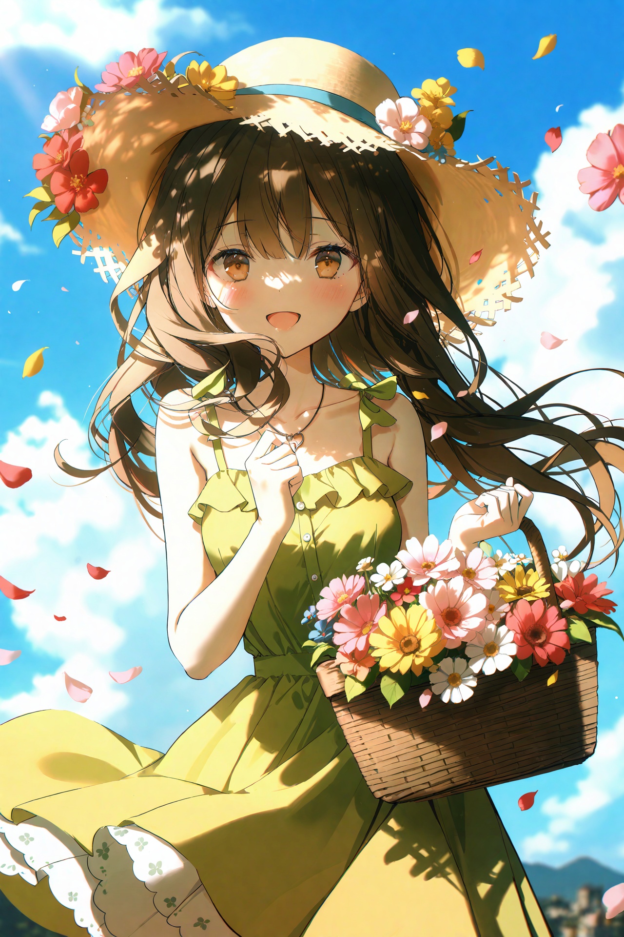 (masterpiece),(best quality),illustration,ultra detailed,hdr,Depth of field,(colorful),[Artist miwano rag],[Artist chen bin],[Artist wlop:1],Artist weri,solo,1girl,dress,hat,outdoors,flower,smile,sky,straw hat,long hair,looking at viewer,brown hair,open mouth,petals,pink flower,sleeveless,day,:d,cloud,blue sky,blush,green dress,brown eyes,basket,bangs,sleeveless dress,sundress,collarbone,bare shoulders,necklace,jewelry,bare arms,brown headwear,floral print,hand up,hat flower,