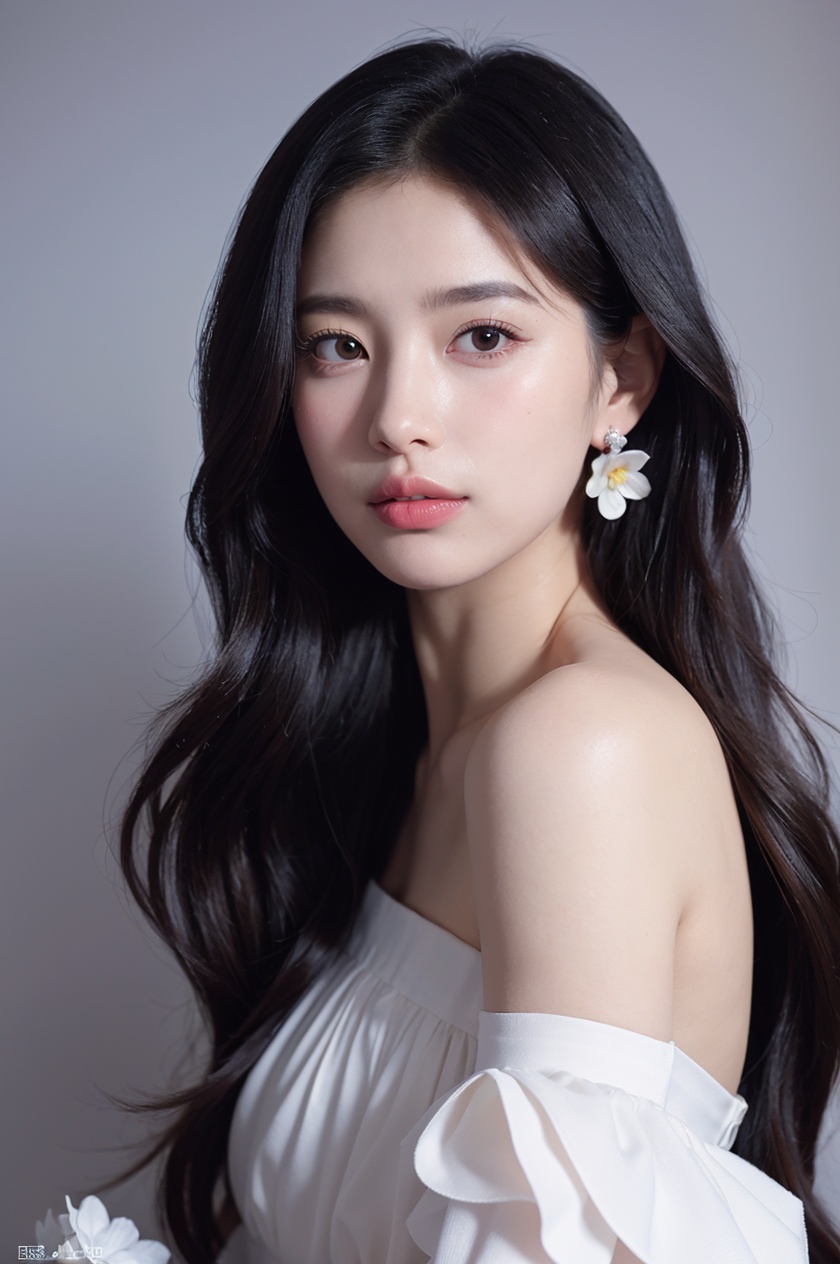 1girl, solo,(front view:1.2),(looking_at_viewer:1.4),(eye-contact:1.4),,black hair, long hair, jewelry, realistic, earrings, hair ornament, black eyes, lips, collarbone, parted lips, flower, watermark, upper body, portrait, hair flower, dress, web address,  <lora:YG红颜阁美女6:0.8>,