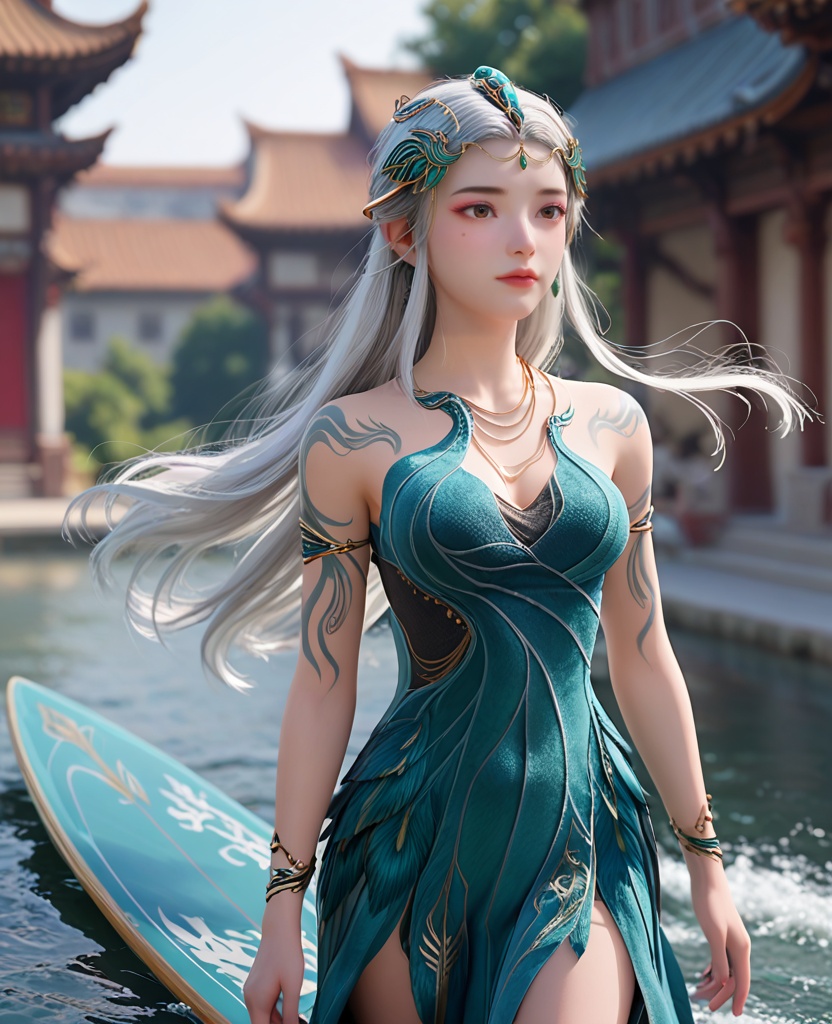 (oriental architecture, elegant decor, sophisticated style:1.1),(surfing,bottom turn:1.1),(breasts:1.2),<lora:XL遮天秦瑶:0.8>,miss qinyao,green strapless dress,armlet,arm tattoo,necklace,feather overskirt,bracelet,hair ornament,long hair,white hair,brown eyes,pink eyeshadow,moles under the eyes,medium breasts,cleavage,lips,, score_9,score_8_up,score_7_up,score_6_up,score_5_up,score_4_up,3d rendering,tag1,tag2, Cinematic Lighting,backlighting,