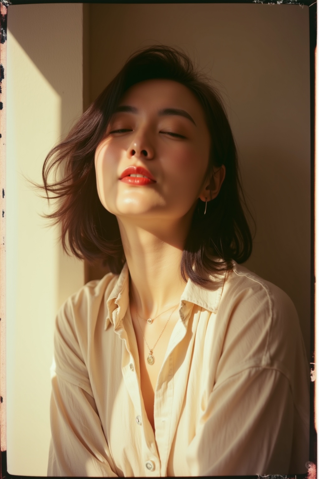 A woman,old polaroid picture,awj,polaroid portrait photography,xuanwo,dtmh,neomj,The image depicts a young woman bathed in warm,natural light that casts a dynamic shadow on the wall beside her. Her expression is serene,with her eyes closed and head tilted slightly upwards,as if soaking in the sun's rays. The woman's hair is tousled and flows around her face and shoulders,suggesting a sense of movement or a gentle breeze in the room. She wears a loose,unbuttoned white shirt that contributes to the relaxed and informal feeling of the portrait. The soft lighting highlights her facial features and creates a contrast with the shadowed portions,which adds depth and a sculptural quality to the image. The overall effect is one of peaceful contemplation or a moment captured in solitude.,