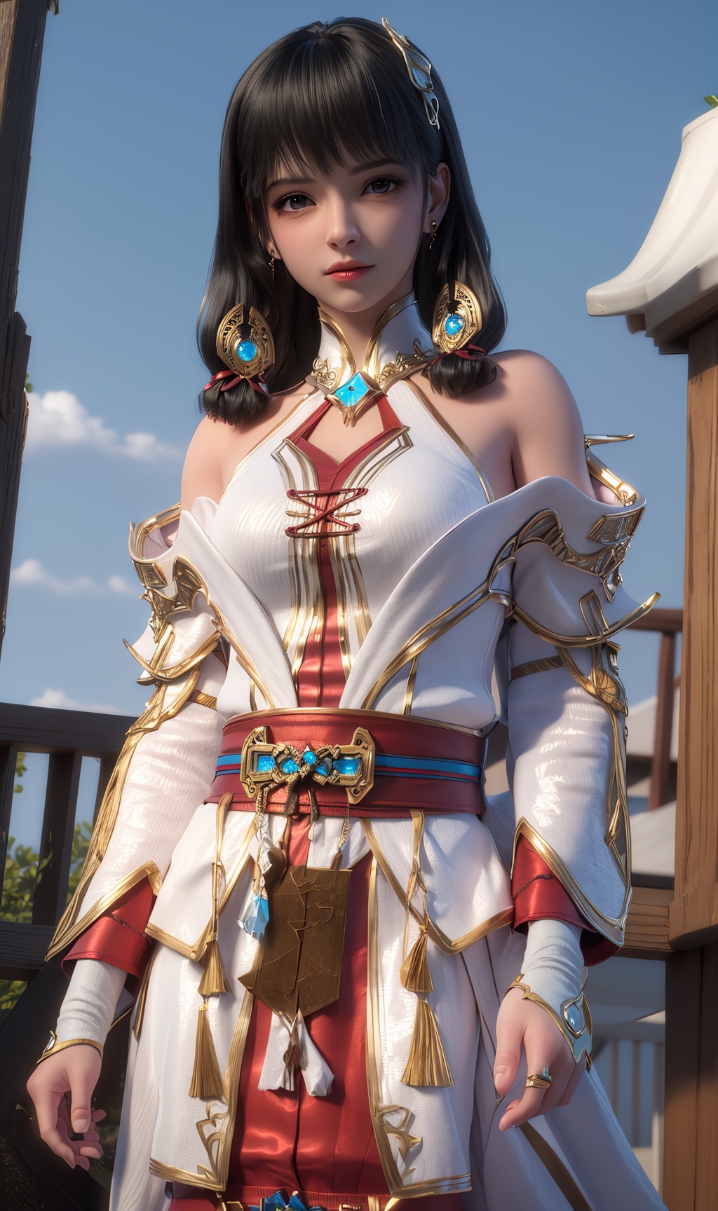 3D,masterpiece,(best quality),official art, extremely detailed cg 8k wallpaper,((crystalstexture skin)), (extremely delicate and beautiful),(highly detailed),(1girl), (solo), (jewelry), (breasts), (earrings), (black_hair),(hair),(hair_ornament),(handwear),  (long_hair), (medium_breasts), (clothes),(dress),(skirt),(long_sleeves) ,((upper body)),(bare_shoulders)(sunshine, outdoor,),((looking_at_viewer)),((Facing the camera)),, <lora:hipoly3DModelLora_v10:0.3>