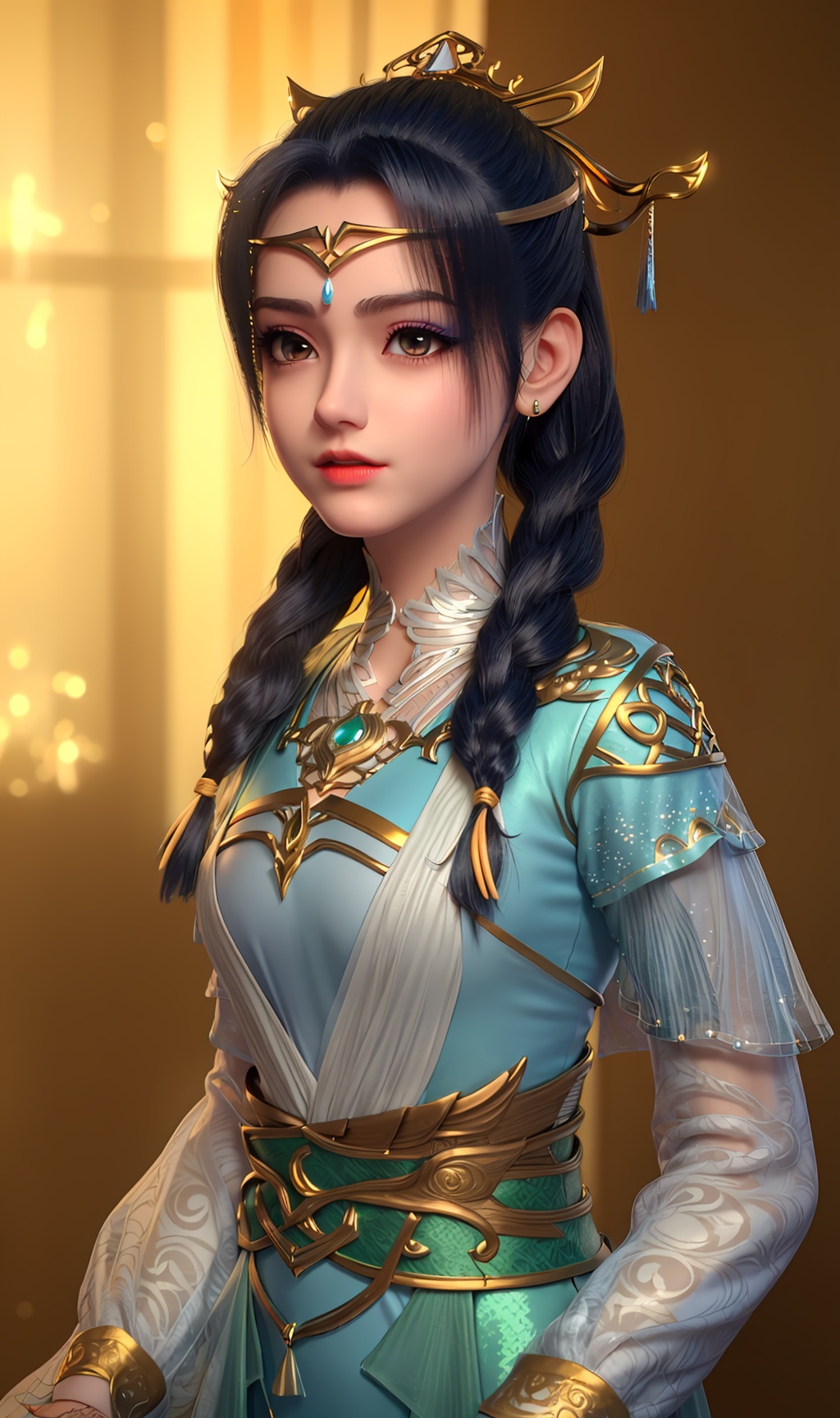 3D,masterpiece,(best quality),(makeup),official art, extremely detailed cg 8k wallpaper,(1girl),((crystalstexture skin)), (extremely delicate and beautiful),(highly detailed),(face),(collar),(twin_braids),(gold_trim),(twintails),(headdress),(forehead_mark),(female_child),, (solo), (jewelry), (earrings),(blue_hair),(long_hair),(hair_ornament),(handwear),,(small_breast),(standing),((upper_body)),(closed_mouth),(chinese_clothes),(dress),,(multicolored_clothes),(multicolored_dress),(shiny_clothes),(city,indoor,bed),(armor),(wristband),,((looking_at_viewer)),((Facing the camera)),, <lora:hipoly3DModelLora_v10:0.3>