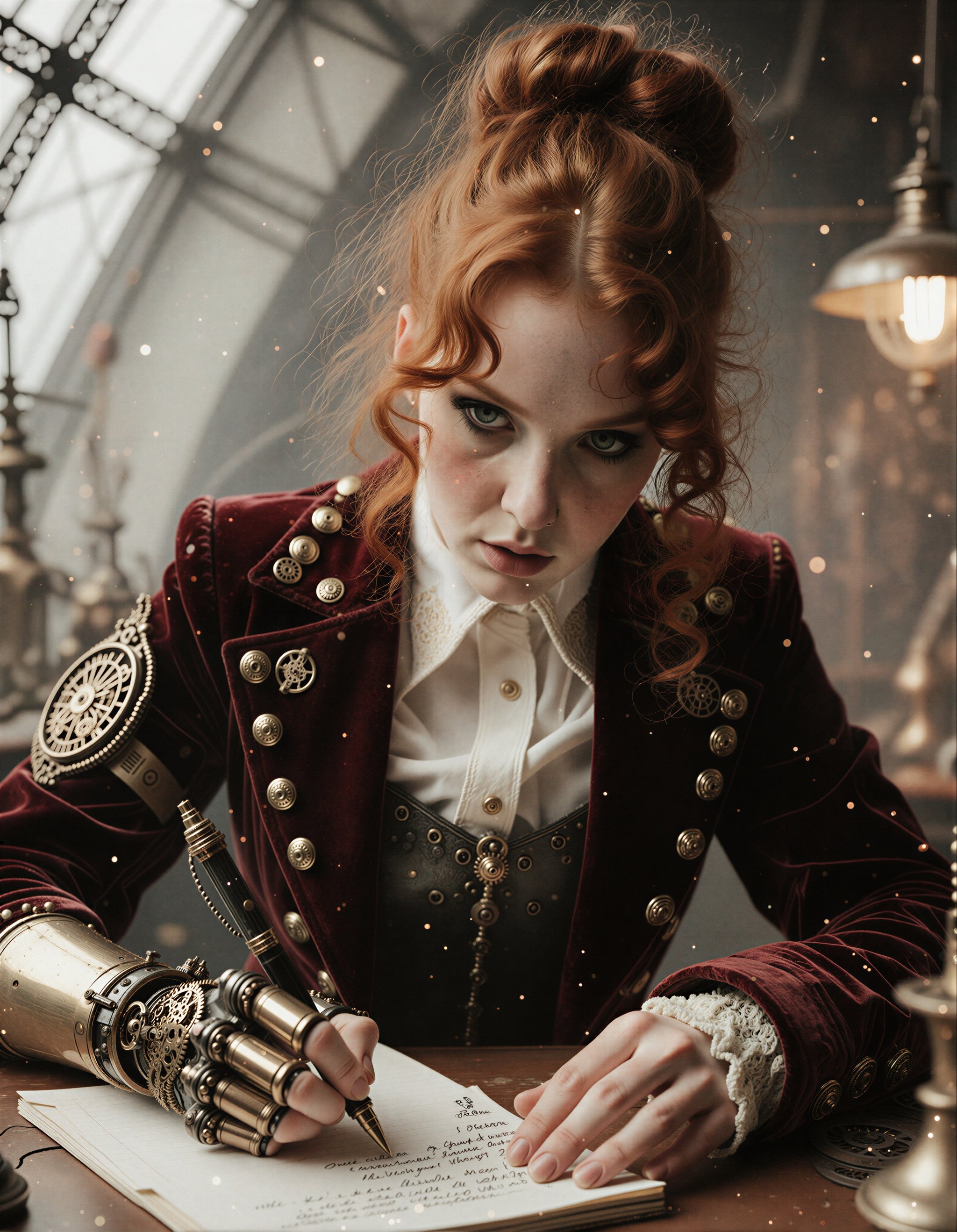 A steampunk woman,  a 25 year beautiful auburn hair old caucasian woman with fair skin,  auburn curly hair (usually tied i...