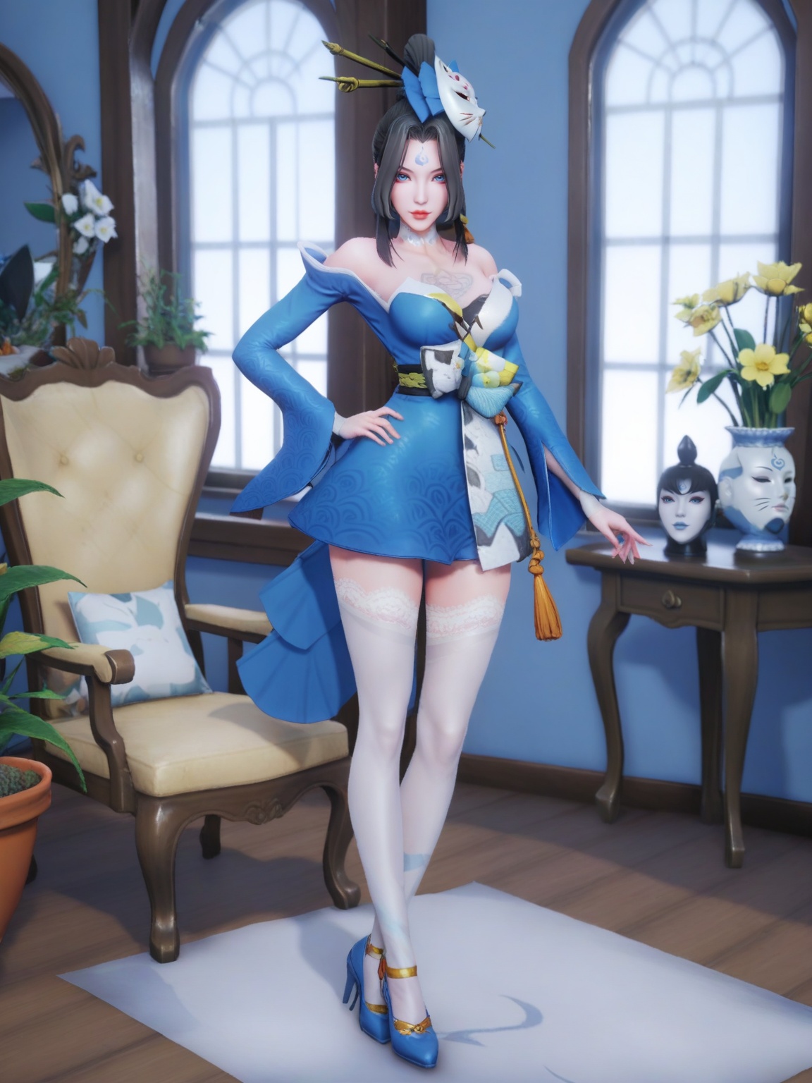 score_9,<lora:SF_MeiYu_Pony_Realism2.3-000004:0.7>,1girl,SFMeiYu,solo,breasts,looking at viewer,dress,hair ornament,black hair,forehead mark,lipstick,makeup,eyelashes,eyeshadow,fox mask,lace-trimmed legwear,mask on head,thighhighs,standing,blue footwear,white thighhighs,chair,window,indoors,flower flower pot,