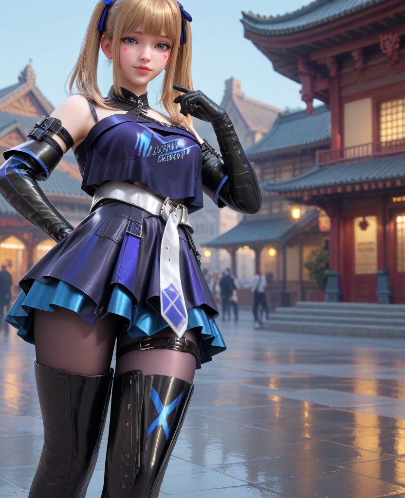 (oriental architecture, elegant decor, sophisticated style:1.1),(Posing with hands on waist, looking over the shoulder,:1.1),(breasts:1.2),<lora:XL16穿越火线晴雅保卫者:0.95>,miss qingya,black latex camisole,blue eyes,heart facial mark under left eye,blonde hair,twintails,hair ribbon,blue faux two-piece skirt,white belt,brown pantyhose,thigh strap,lips,black glove sleeves,black thigh boots,latex shorts,, score_9,score_8_up,score_7_up,score_6_up,score_5_up,score_4_up,3d rendering,tag1,tag2, Cinematic Lighting,backlighting,, zPDXL3, zPDXL2,zPDXL, zPDXLxxx, zPDXLrl,