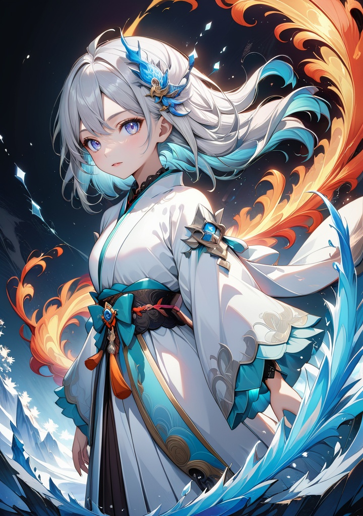 (masterpiece, top quality, best quality, official art, beautiful and aesthetic:1.2),(1girl:1.2),cute,extreme detailed,(abstract:1.4, fractal art:1.3),(silver_hair:1.1),fate \(series\),colorful,highest detailed,fire,ice,lightning,(splash_art:1.2),jewelry:1.4,hanfu,scenery,ink,