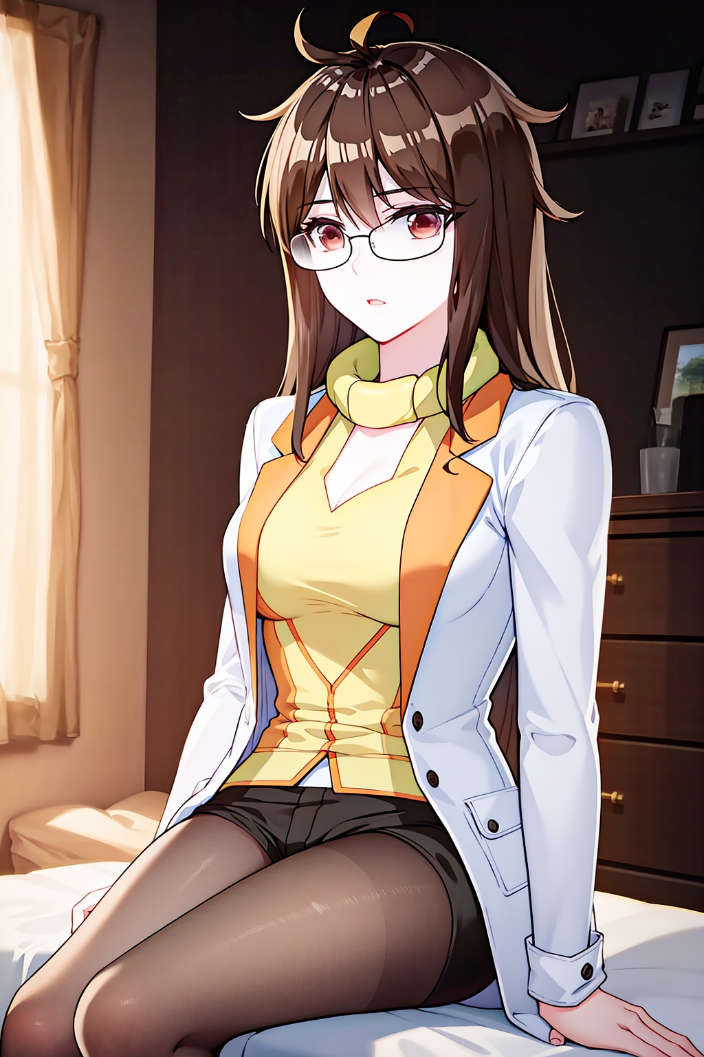 (best quality,masterpiece:1.2),ultra detailed,8k,RAW photo,realistic,photorealistic,ultra-detailed,intricate detail,extremely detailed,delicate pattern,looking at viewer,bedroom,<lora:C_绝世唐门_橘子_漫画_AUG:0.7>,1girl,brown hair,solo,long hair,glasses,brown eyes,ahoge,bangs,messy hair,choker,scarf,labcoat,shirt,open clothes,white coat,jacket,shorts,pantyhose,sitting,