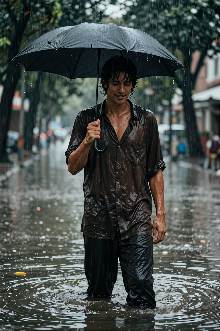 A solitary figure stands waist-deep in a flooded street,  holding a dark,  slightly dented umbrella aloft with one hand. T...