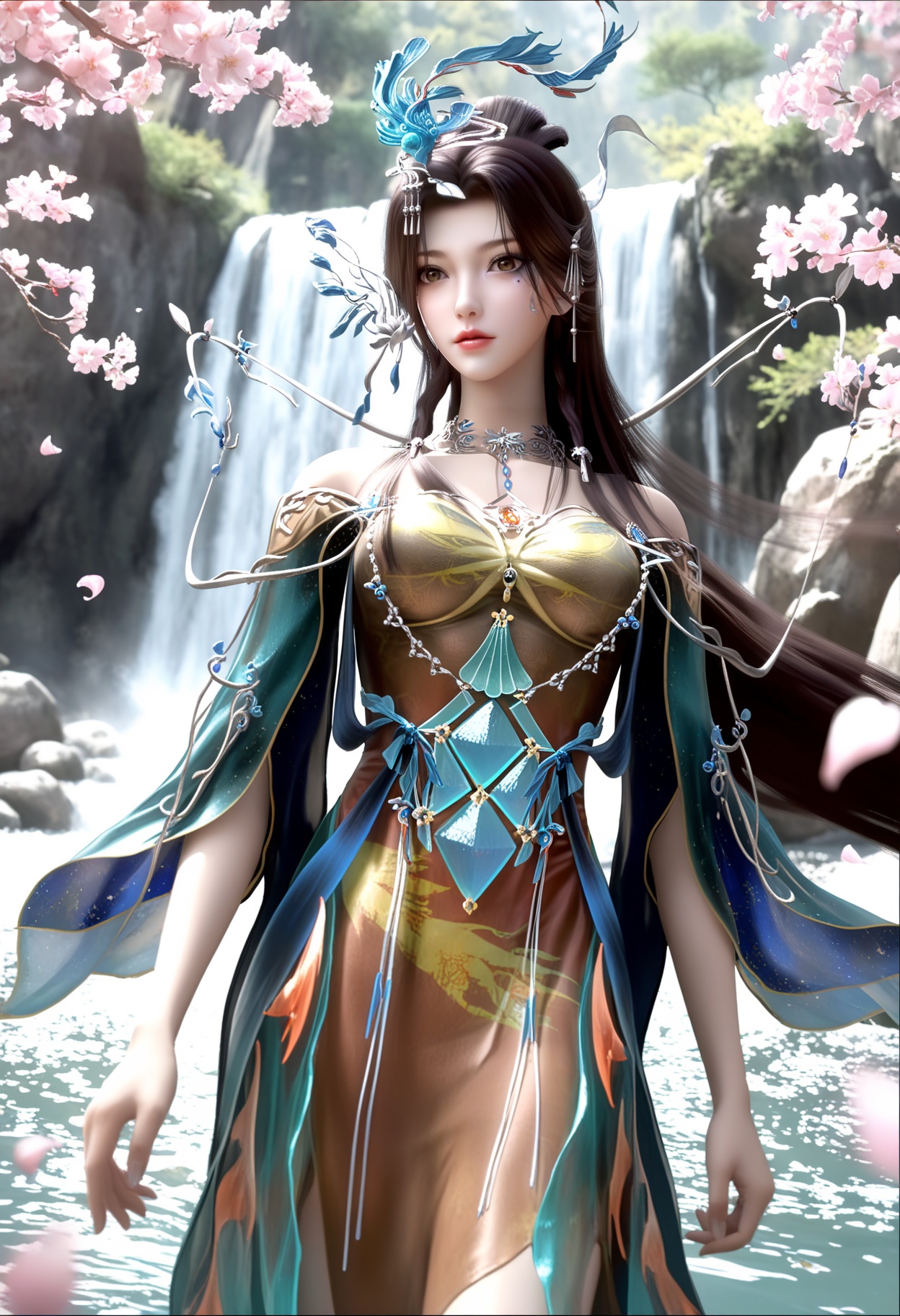 masterpiece,best quality,amazing quality,high resolution,ultra-detailed,absurdres,(looking at viewer:1.1),upper body,(moody lighting:1.1),waterfall,peach blossom,falling petals BREAK large breasts,yunwangshu,1girl,solo,long hair,jewelry,hair ornament,black hair,dress,necklace,brown hair,facial mark,brown eyes,hair bun,chinese clothes,mole under eye BREAK photorealistic details,<lora:QQSillyunwangshuV1:0.8>,