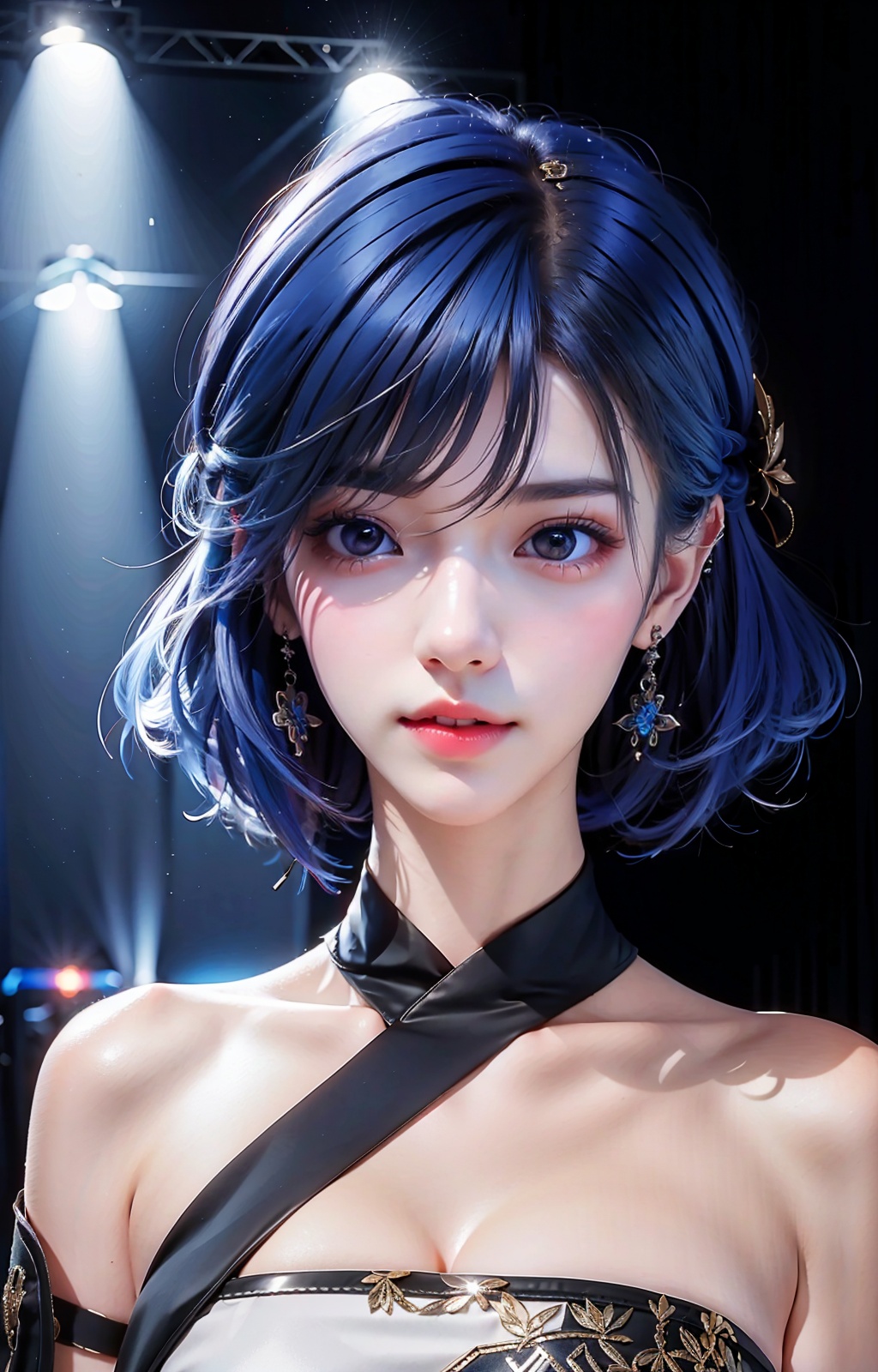 a woman with blue hair and a black and white outfit on a runway with lights behind her and a spotlight behind her,Ayami Kojima,fashion,a statue,bauhaus,absurdres,highres,wallpaper,colorful,thick eyebrows,pupils,bright_pupils,makeup,eyeshadow,lipstick,long_eyelashes,mascara,face_focus,eyes_focus,front view,looking_at_viewer,<lora:王者荣耀-镜:0.9>,