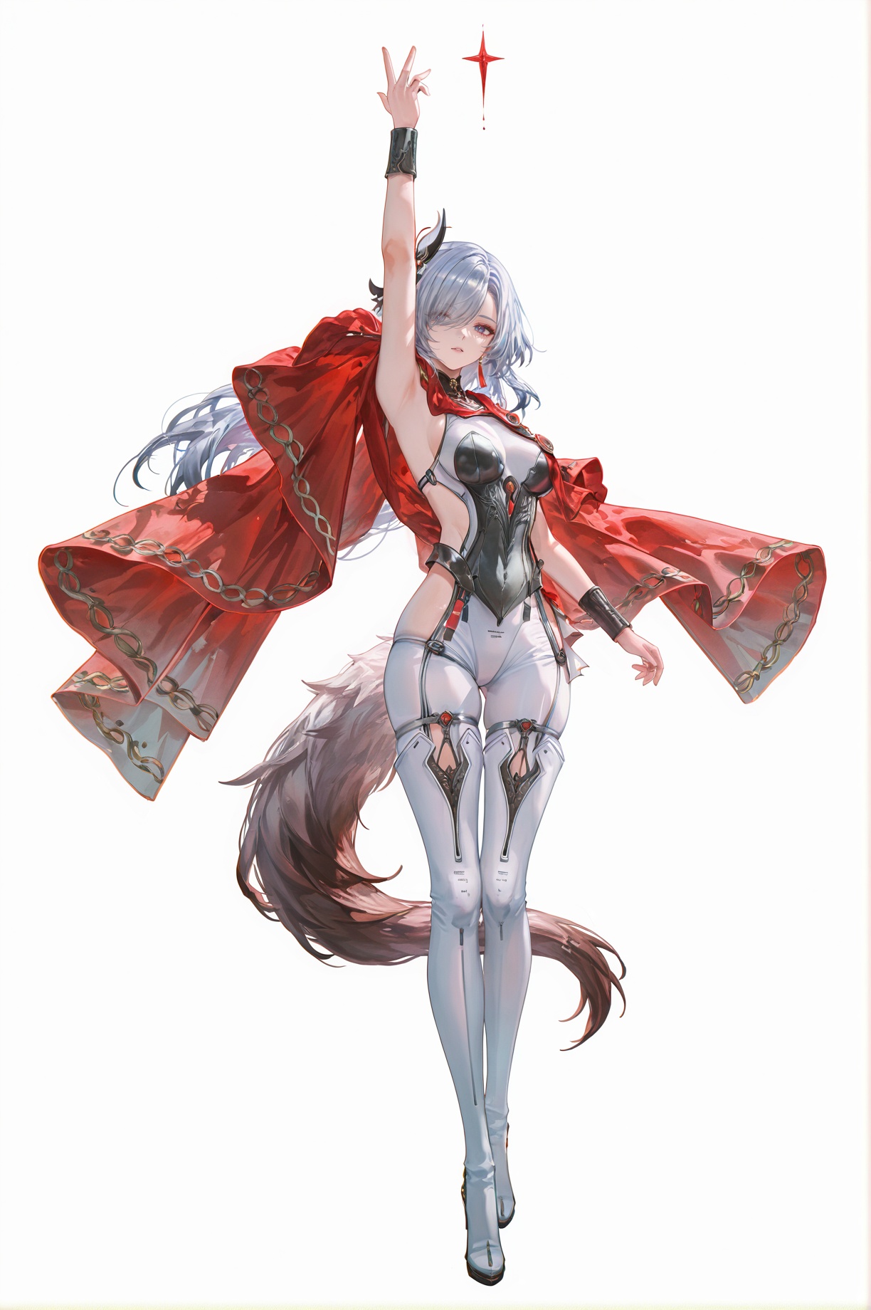 8k,best quality,masterpiece,(ultra-detailed),(high detailed skin),((artist:reoen),(artist:fuzichoco),(artist:atdan),(artist:torino_aqua),year 2024:0.8)1girl,[artist:wlop],[artist:ningen_mame],artist:ciloranko,[[artist:rhasta]],artist:tidsean,colorful,jijia,2d,ambient light,full body,full shot,standing,looking at viewer,(solo:1.2),simple background,(white background:1.2),arm up,(white background:1.1),dynamic angle,shenhe \(genshin impact\),(silver tail:1.2),<lora:lupawave-ill-Tanger:1>,clothes: lupadef armed bodysuit,lupadef Red Shawl,1girl,breasts,cape,