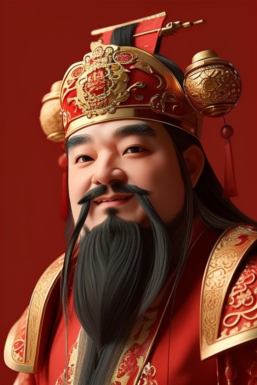 caishen,beard,Low Angle,Red background,<lora:caishen-000004:0.7>,Half of one's body,solo,