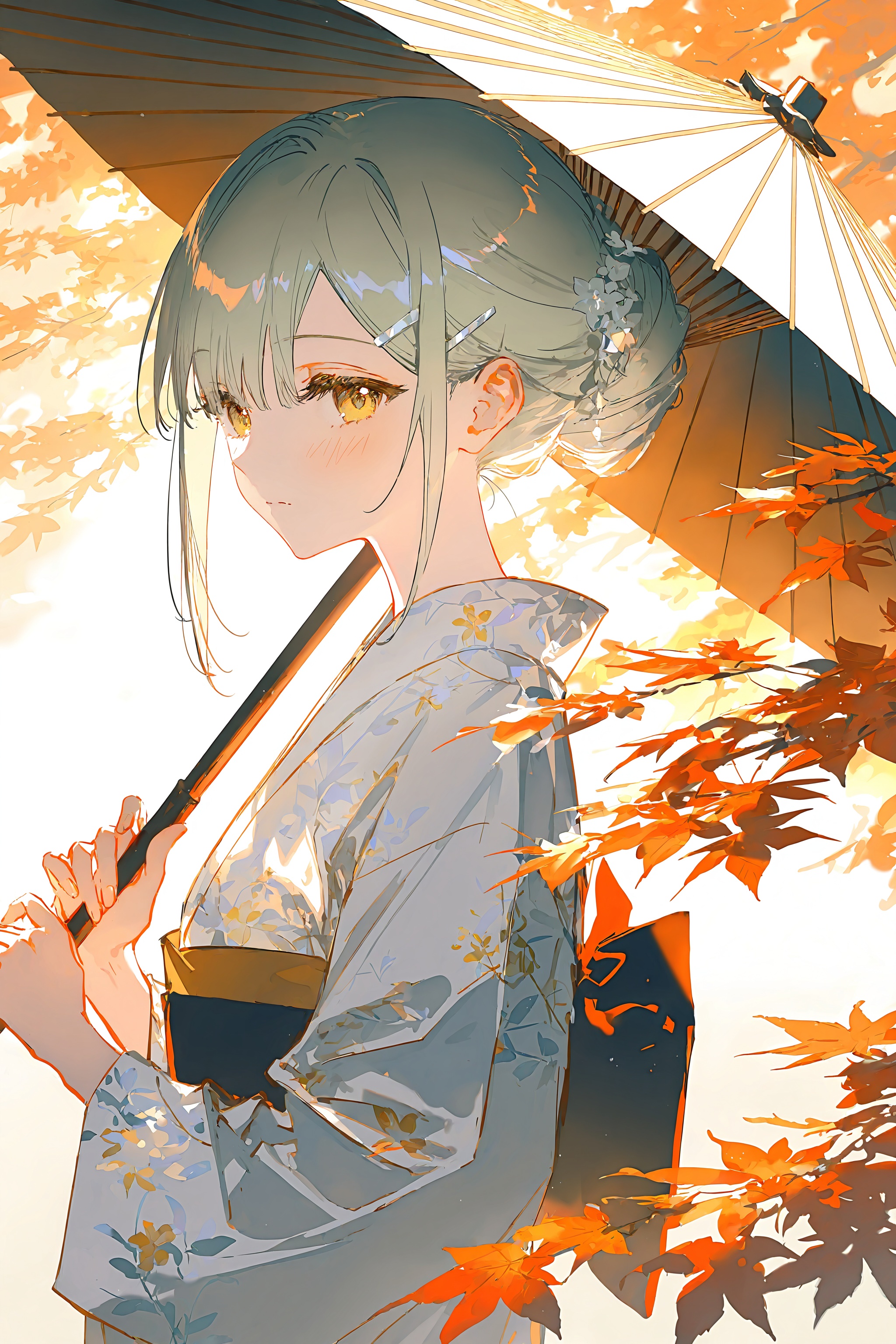 [[artist:rella]],masterpiece,best quality,amazing quality,highres,absurdres,newest,very aesthetic,extreme aesthetic,very awa,wakaba mutsumi,1girl,solo,green hair,white hairclip,yellow eyes,japanese clothes,kimono,umbrella,looking at viewer,holding,oil-paper umbrella,holding umbrella,hair ornament,bangs,hairclip,autumn leaves,leaf,sash,hair bun,single hair bun,obi,outdoors,closed mouth,long sleeves,floral print,upper body,from side,maple leaf,sidelocks,wide sleeves,brown eyes,blush,white kimono,yellow eyes,<lora:painting_style-000128:0.4>,